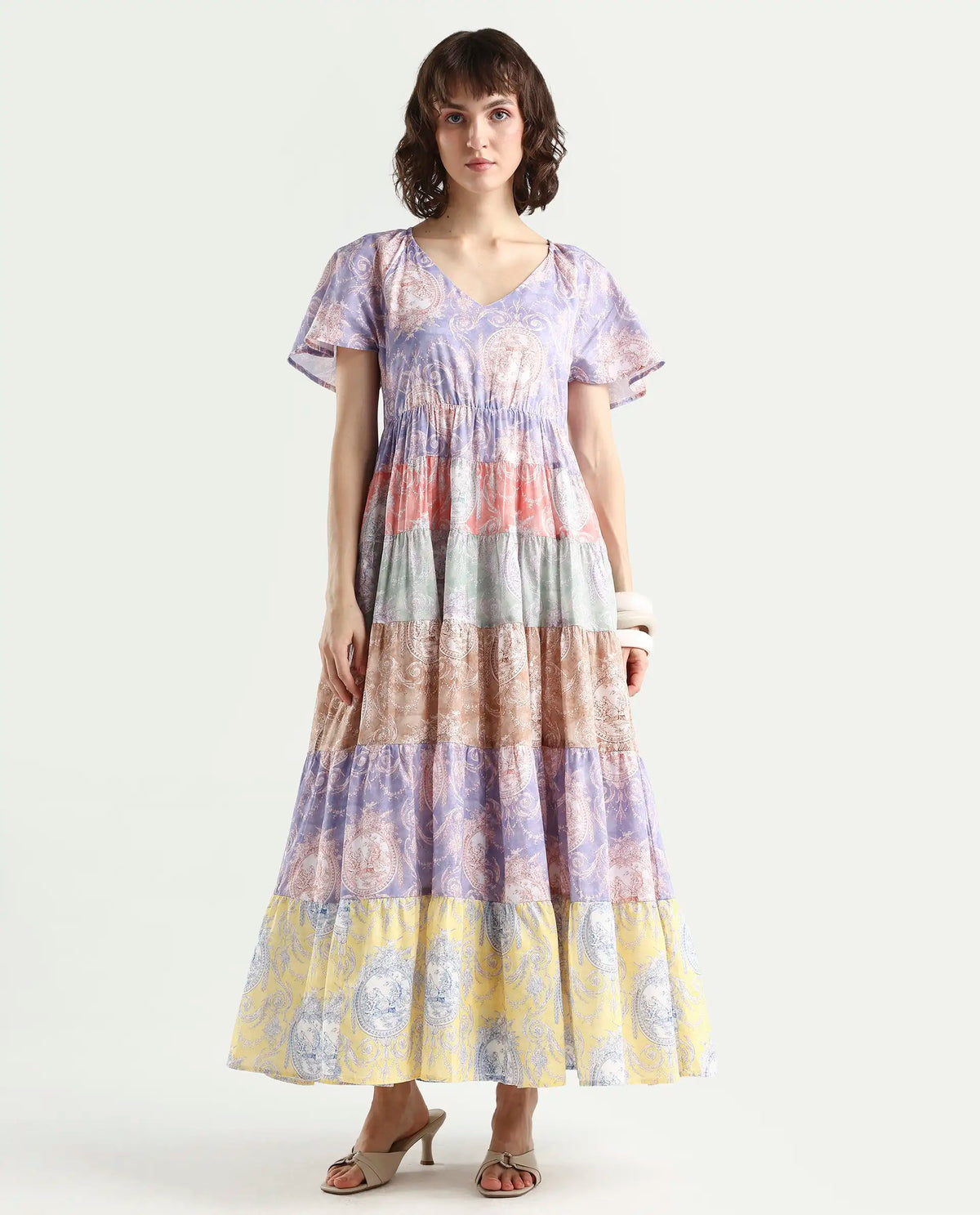 Rareism Women's Grubin Multi Cotton V-Neck Ornamental Print Raglan Sleeve Maxi Fit And Flare Dress