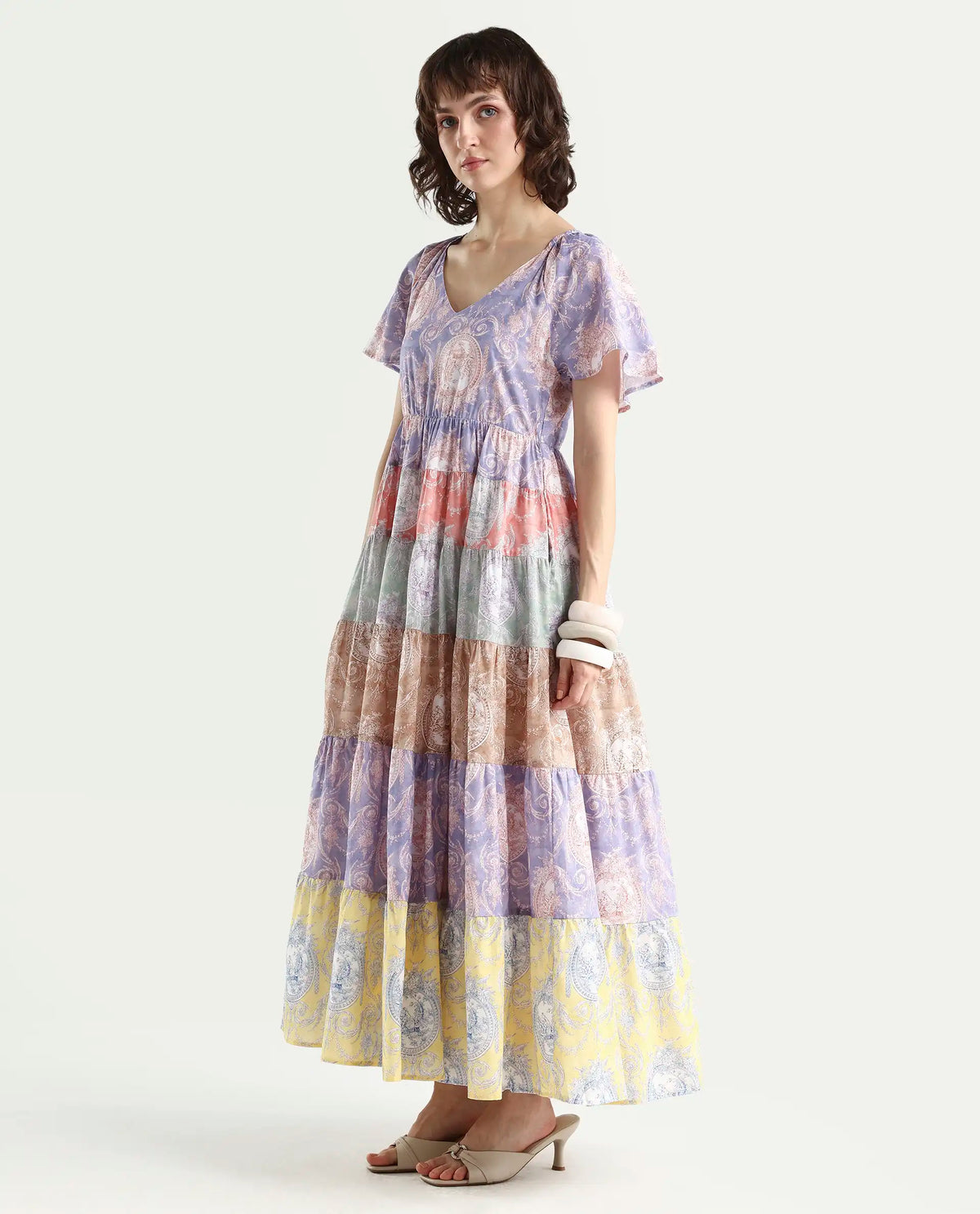 Rareism Women's Grubin Multi Cotton V-Neck Ornamental Print Raglan Sleeve Maxi Fit And Flare Dress