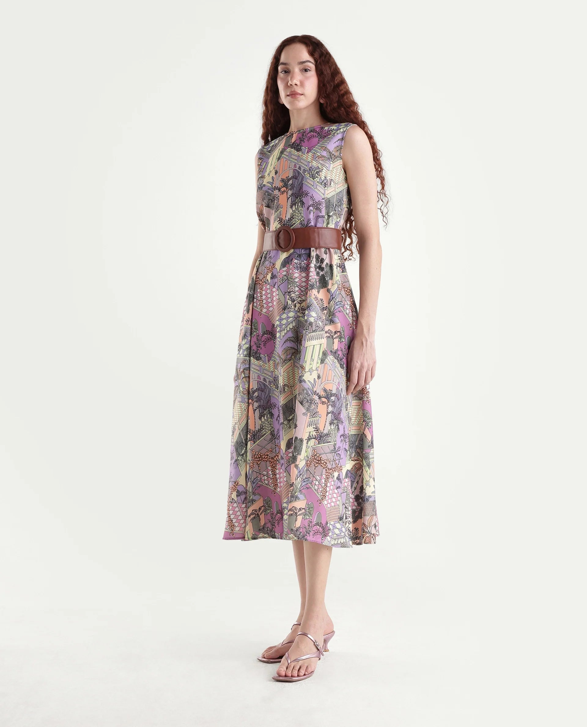 Rareism Women's Kaylee Multi Polyester Crew Neck Graphic Print Sleeveless Maxi Fit And Flare Dress
