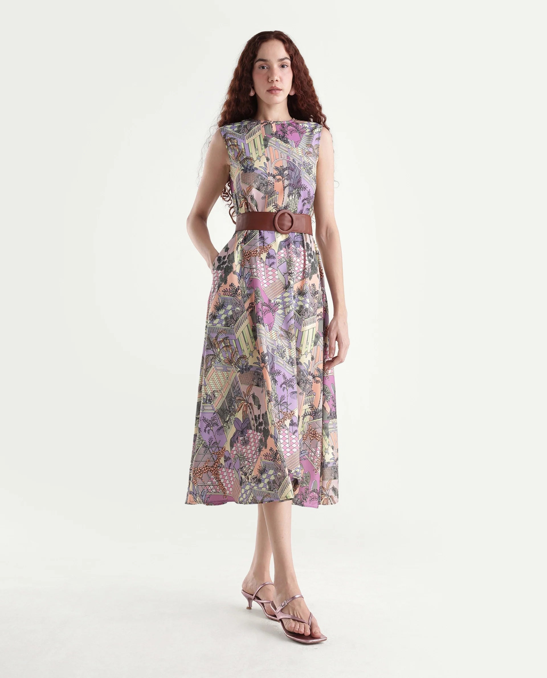Rareism Women's Kaylee Multi Polyester Crew Neck Graphic Print Sleeveless Maxi Fit And Flare Dress