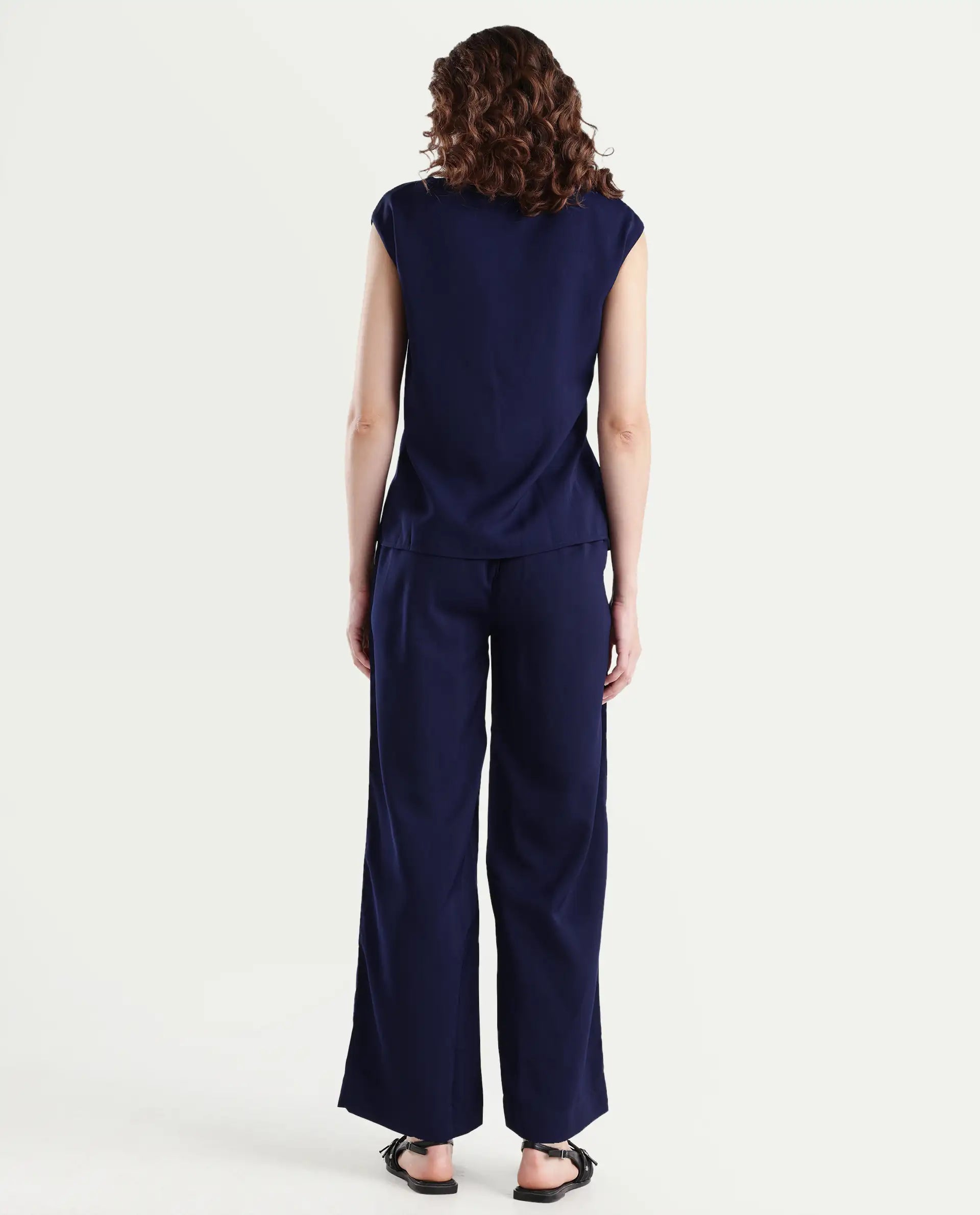 Rareism Women's Leville-B Dark Blue Polyester Blend Plain Straight Fit Trouser