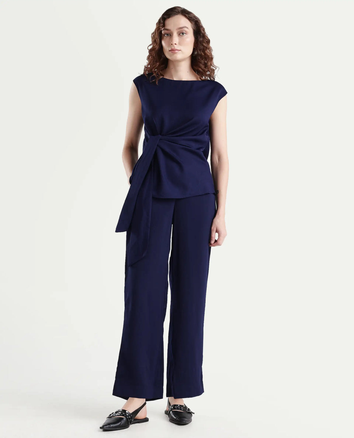 Rareism Women's Leville-B Dark Blue Polyester Blend Plain Straight Fit Trouser