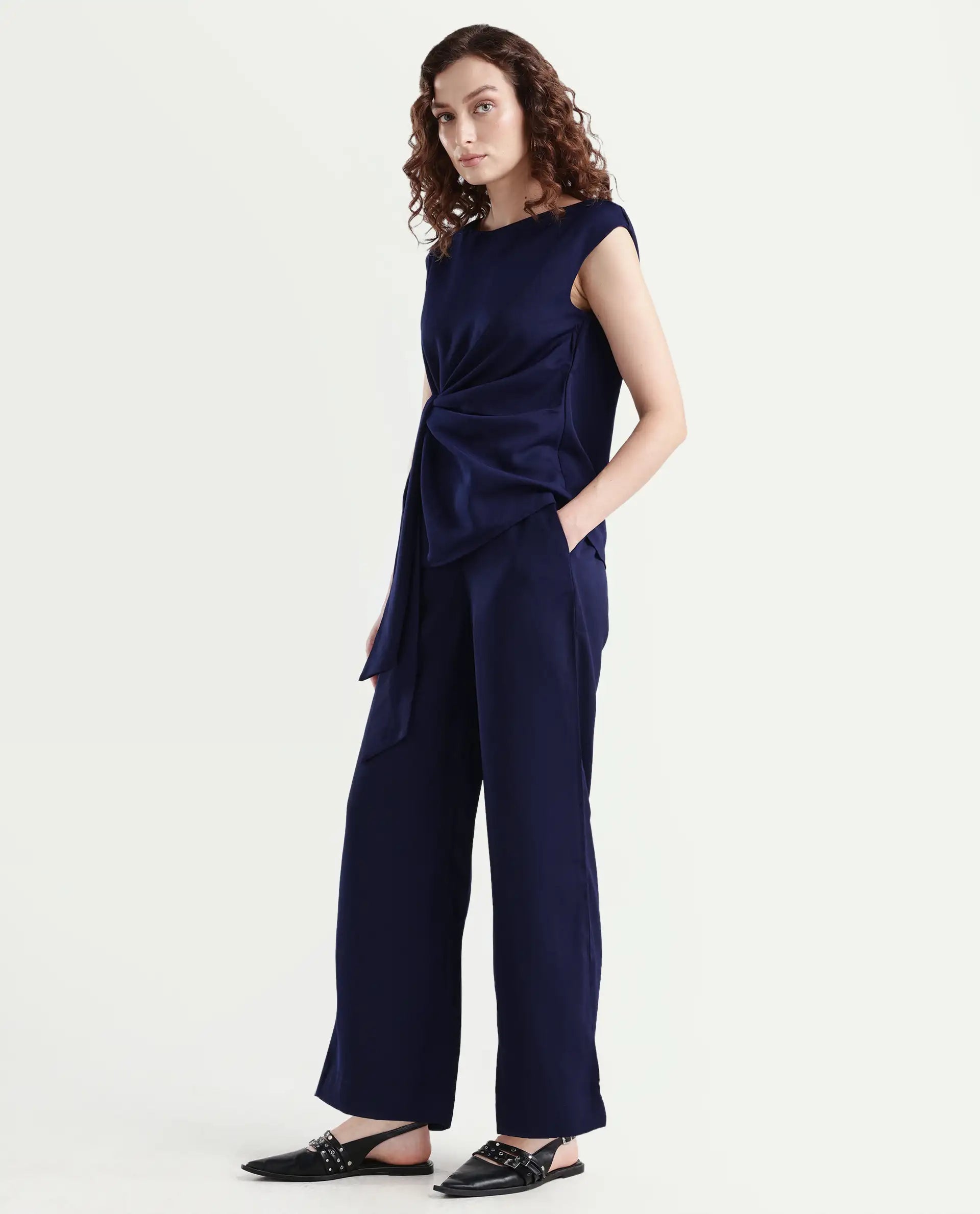 Rareism Women's Leville-B Dark Blue Polyester Blend Plain Straight Fit Trouser