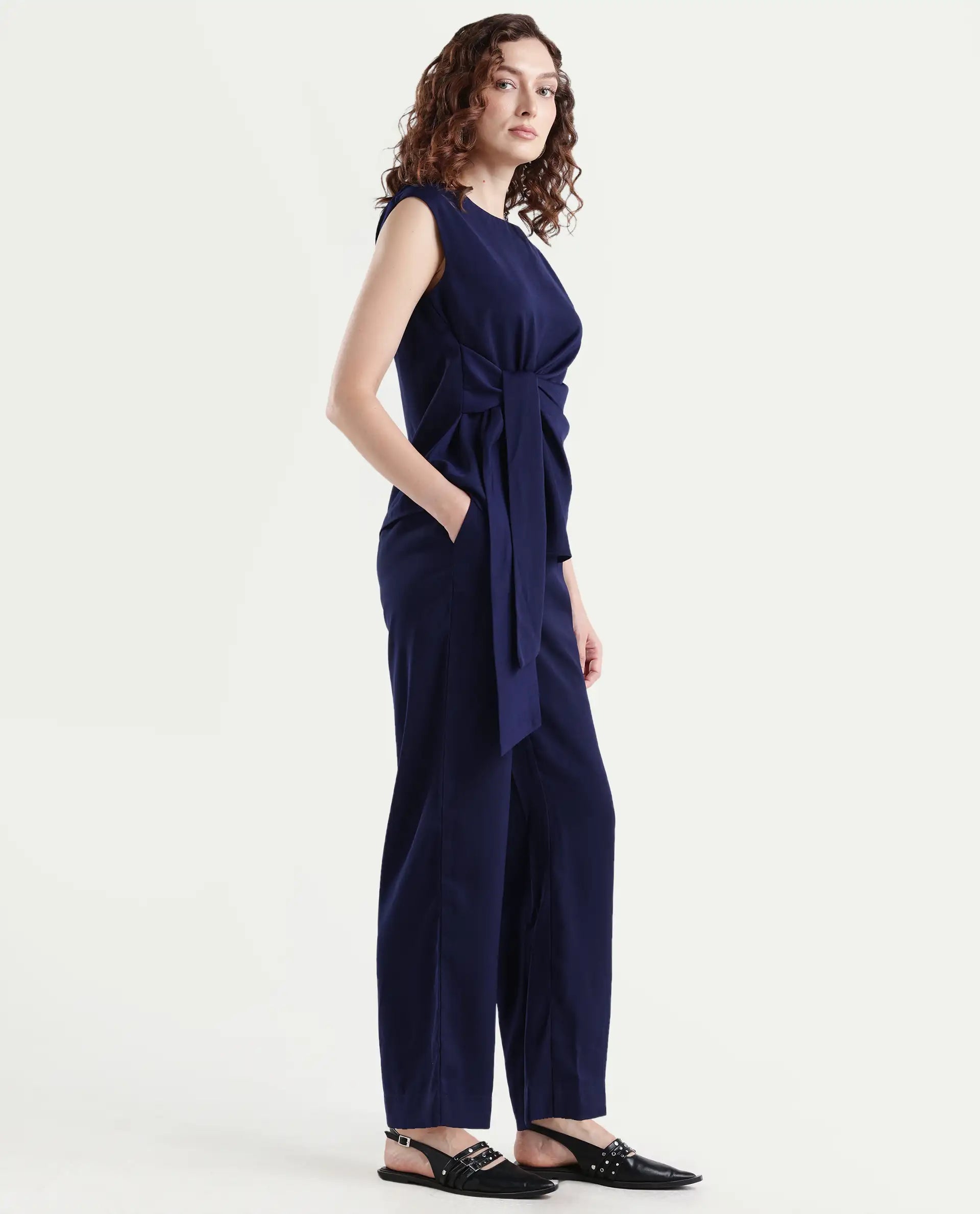 Rareism Women's Leville-B Dark Blue Polyester Blend Plain Straight Fit Trouser