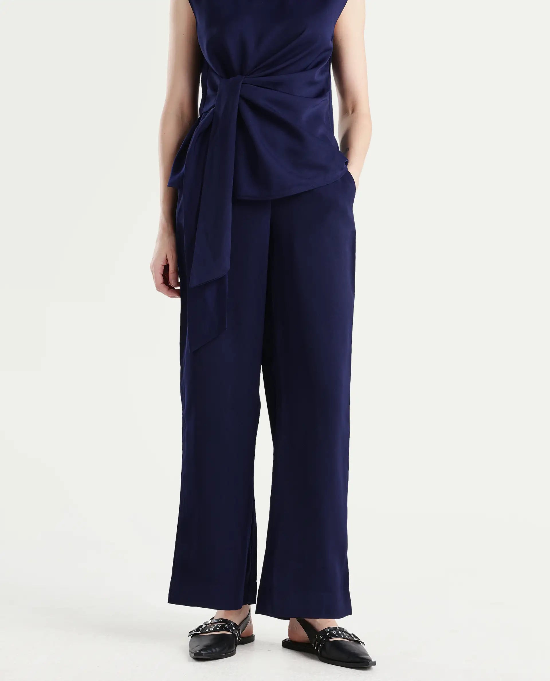 Rareism Women's Leville-B Dark Blue Polyester Blend Plain Straight Fit Trouser