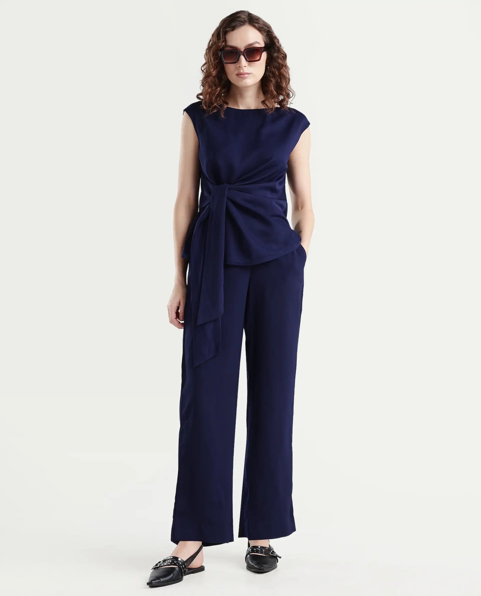 Rareism Women's Leville-B Dark Blue Polyester Blend Plain Straight Fit Trouser