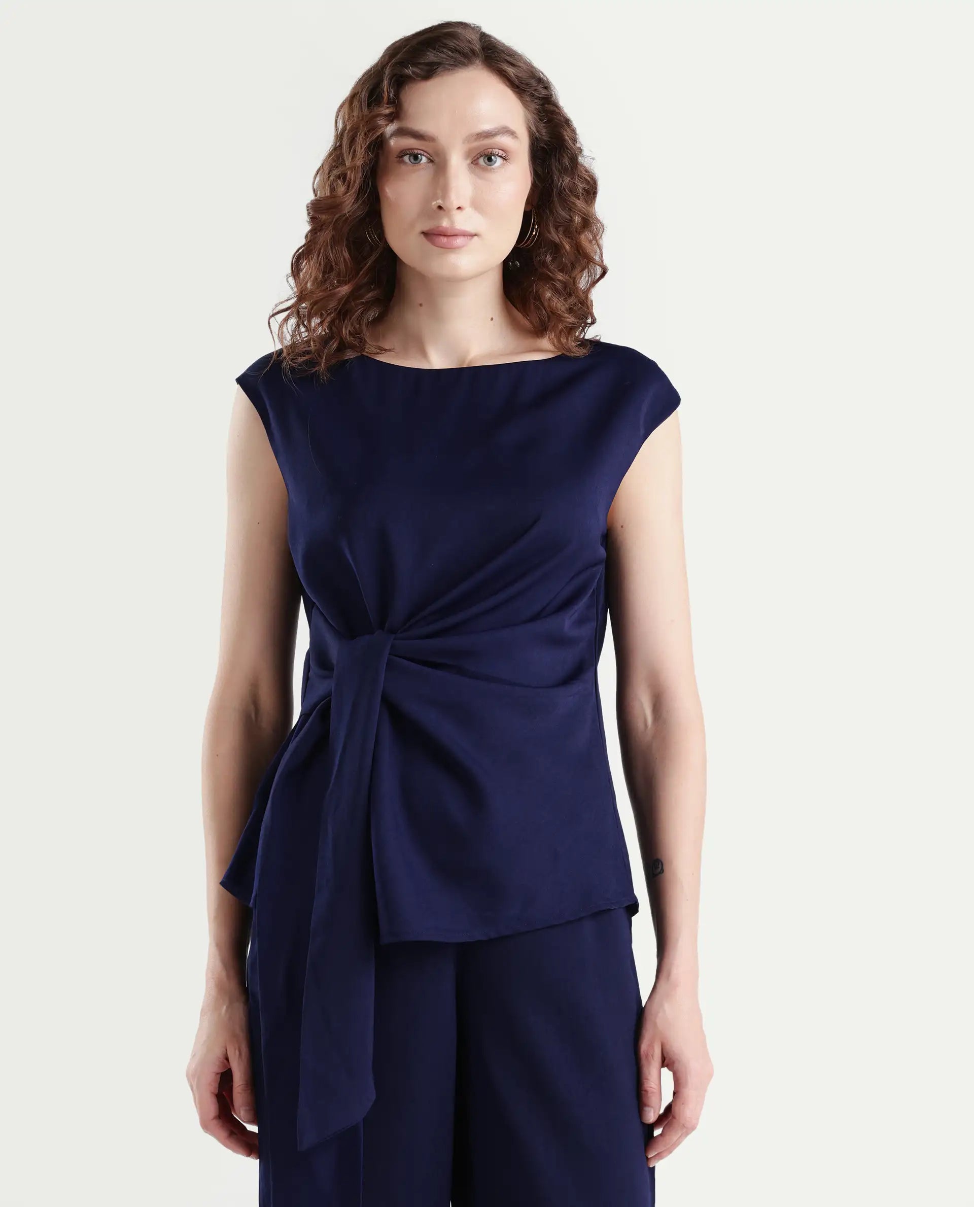 Rareism Women's Leville-T Dark Blue Polyester Blend Boat Neck Plain Sleeveless Relaxed Fit Top