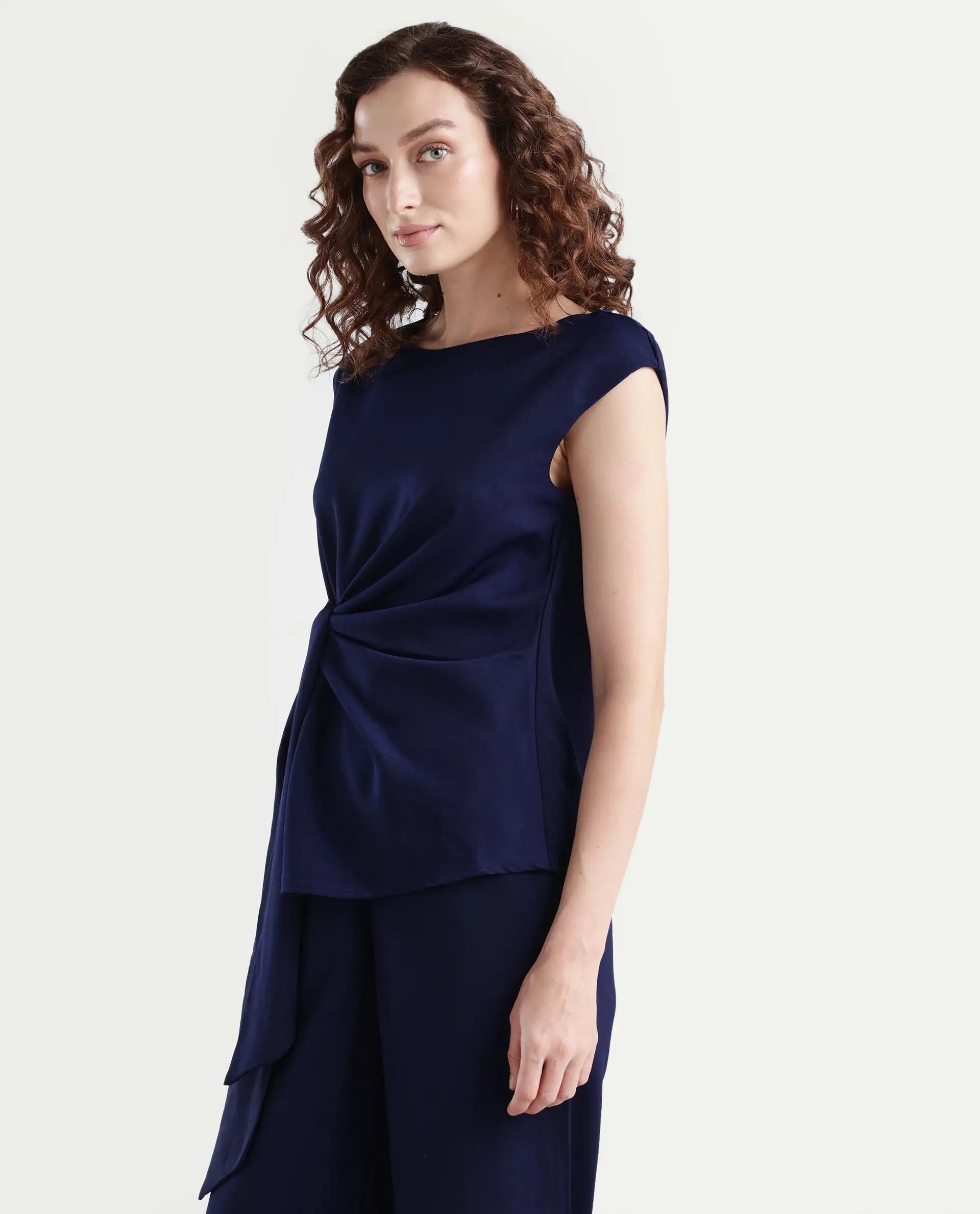 Rareism Women's Leville-T Dark Blue Polyester Blend Boat Neck Plain Sleeveless Relaxed Fit Top