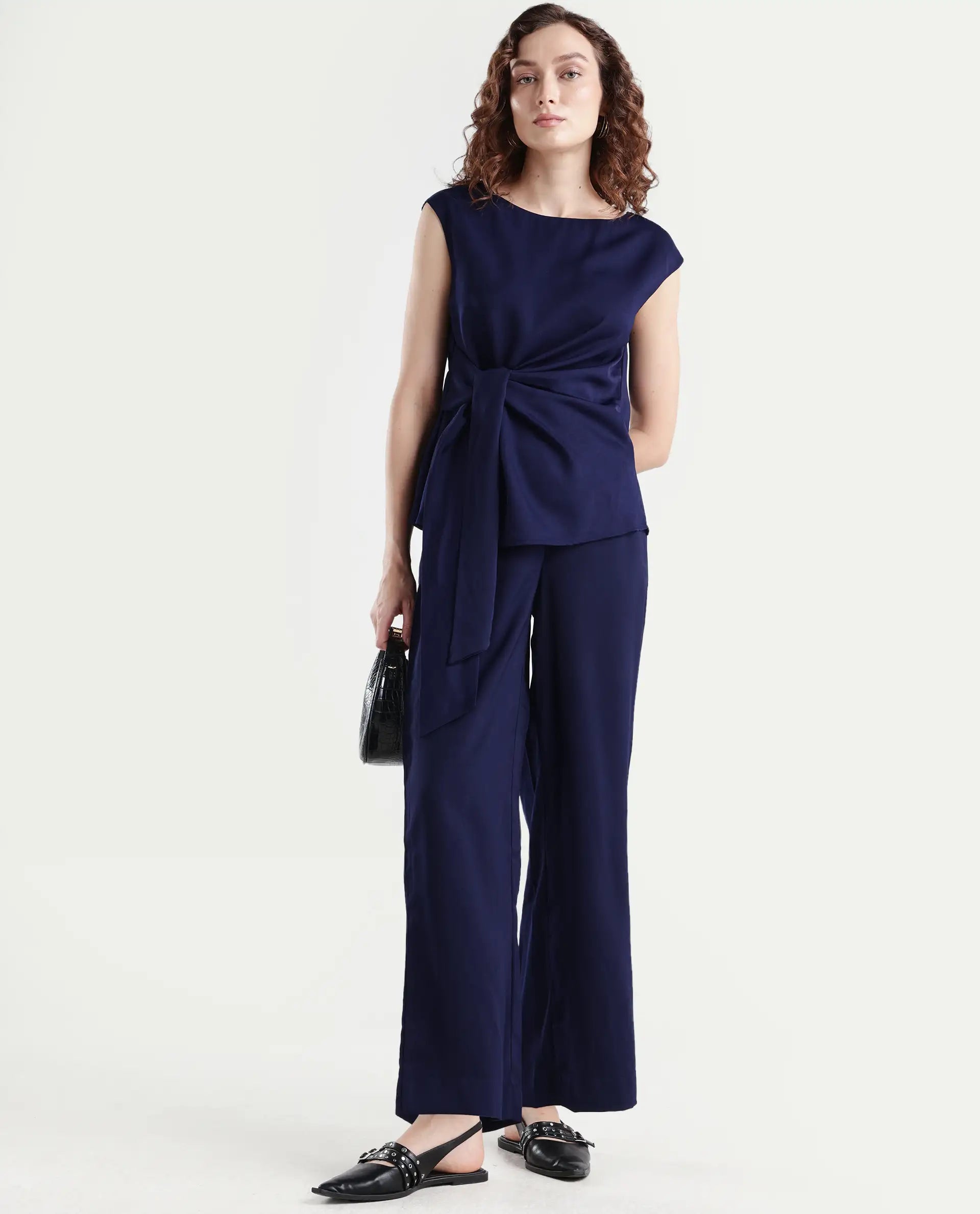 Rareism Women's Leville-T Dark Blue Polyester Blend Boat Neck Plain Sleeveless Relaxed Fit Top