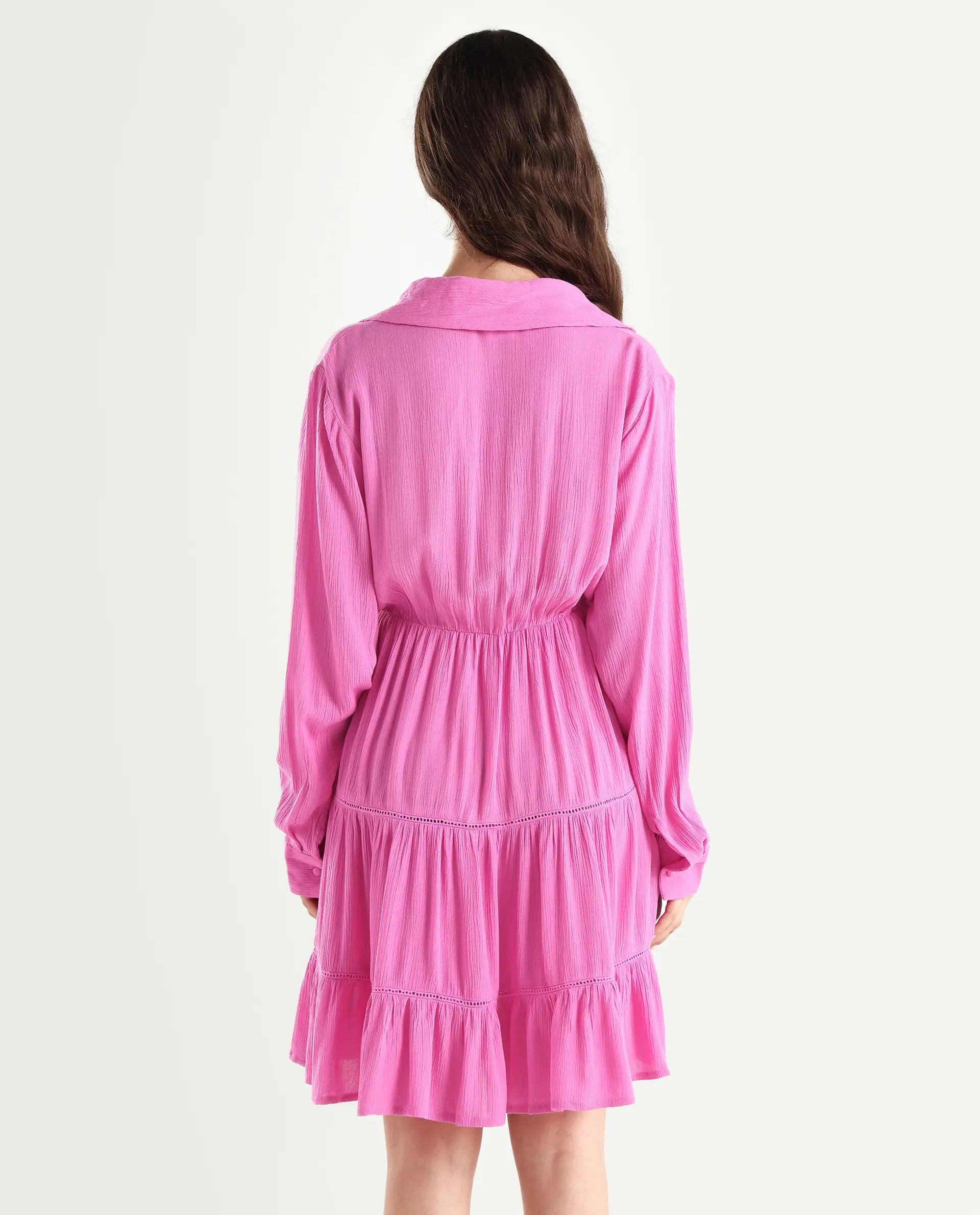 Rareism Women's Magner Pink Rayon Drop Collar Plain Mini Fit And Flare Dress