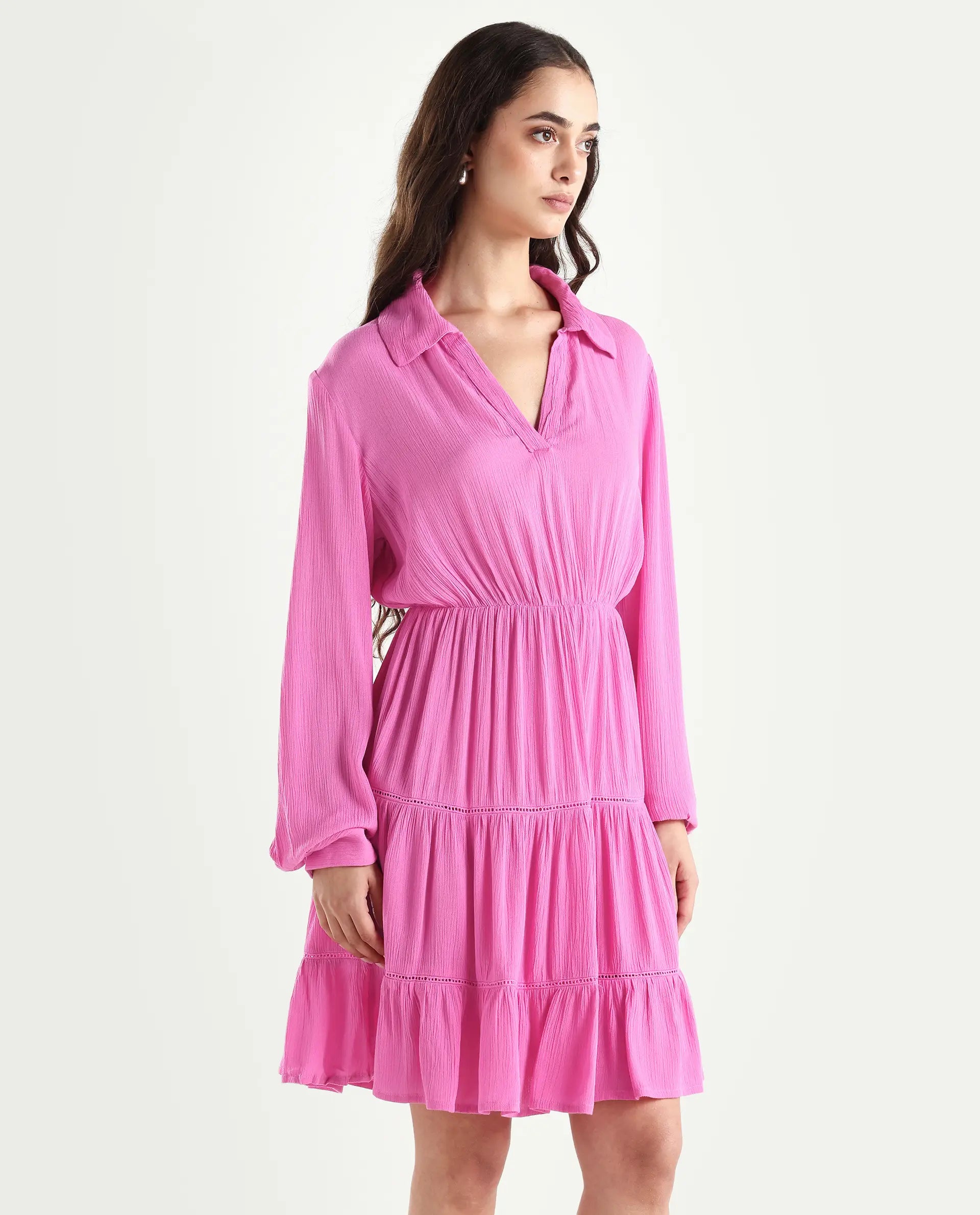 Rareism Women's Magner Pink Rayon Drop Collar Plain Mini Fit And Flare Dress