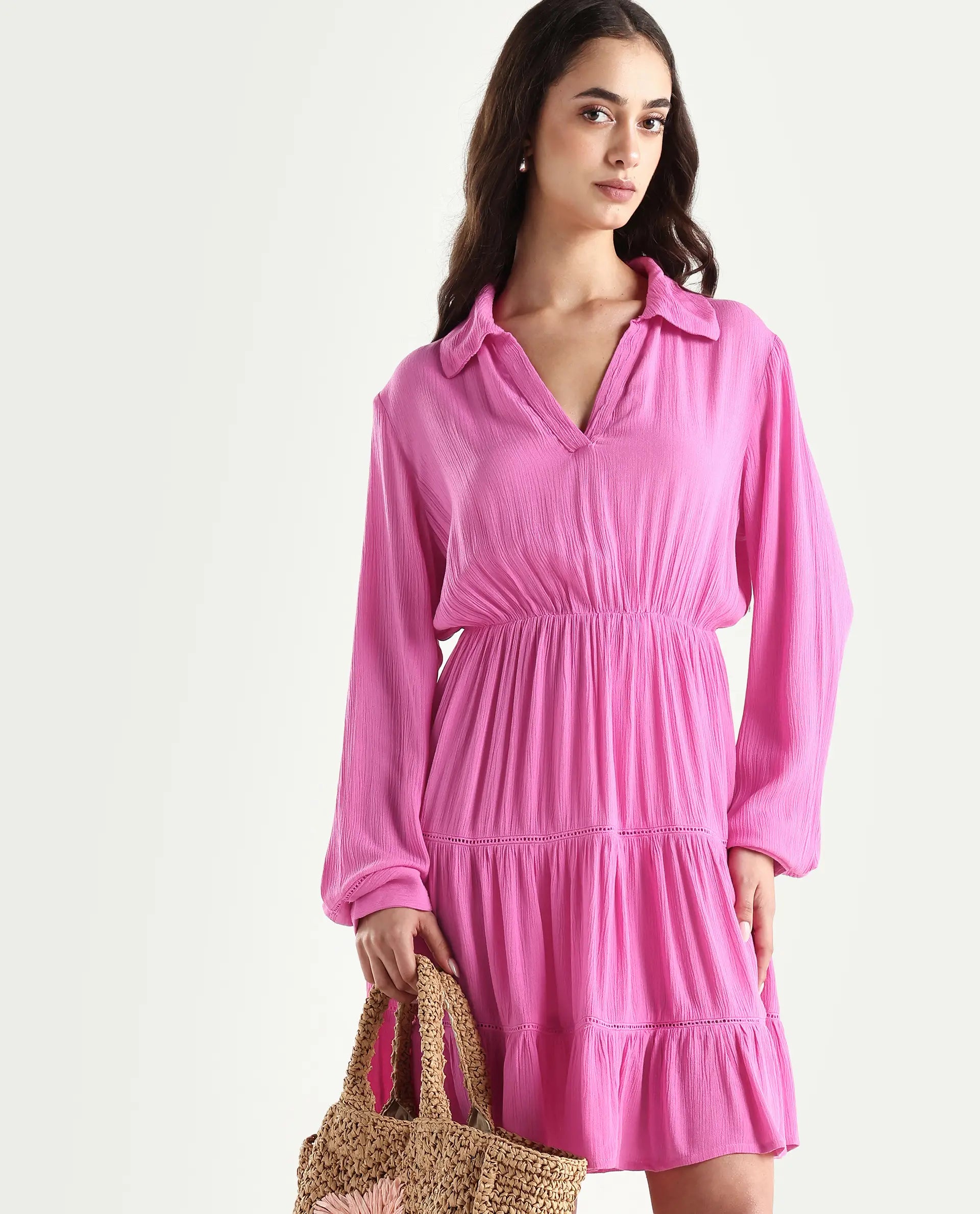 Rareism Women's Magner Pink Rayon Drop Collar Plain Mini Fit And Flare Dress