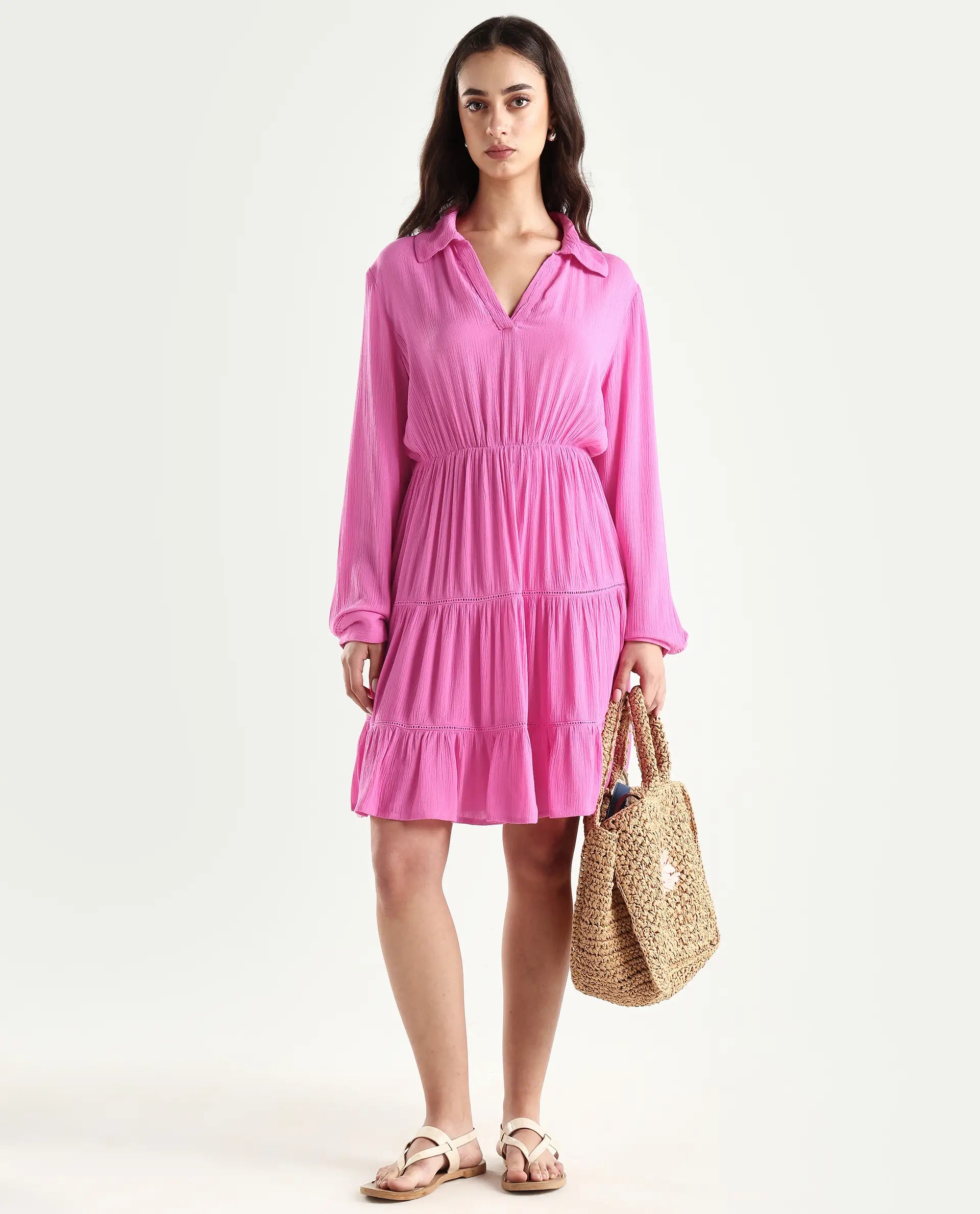 Rareism Women's Magner Pink Rayon Drop Collar Plain Mini Fit And Flare Dress