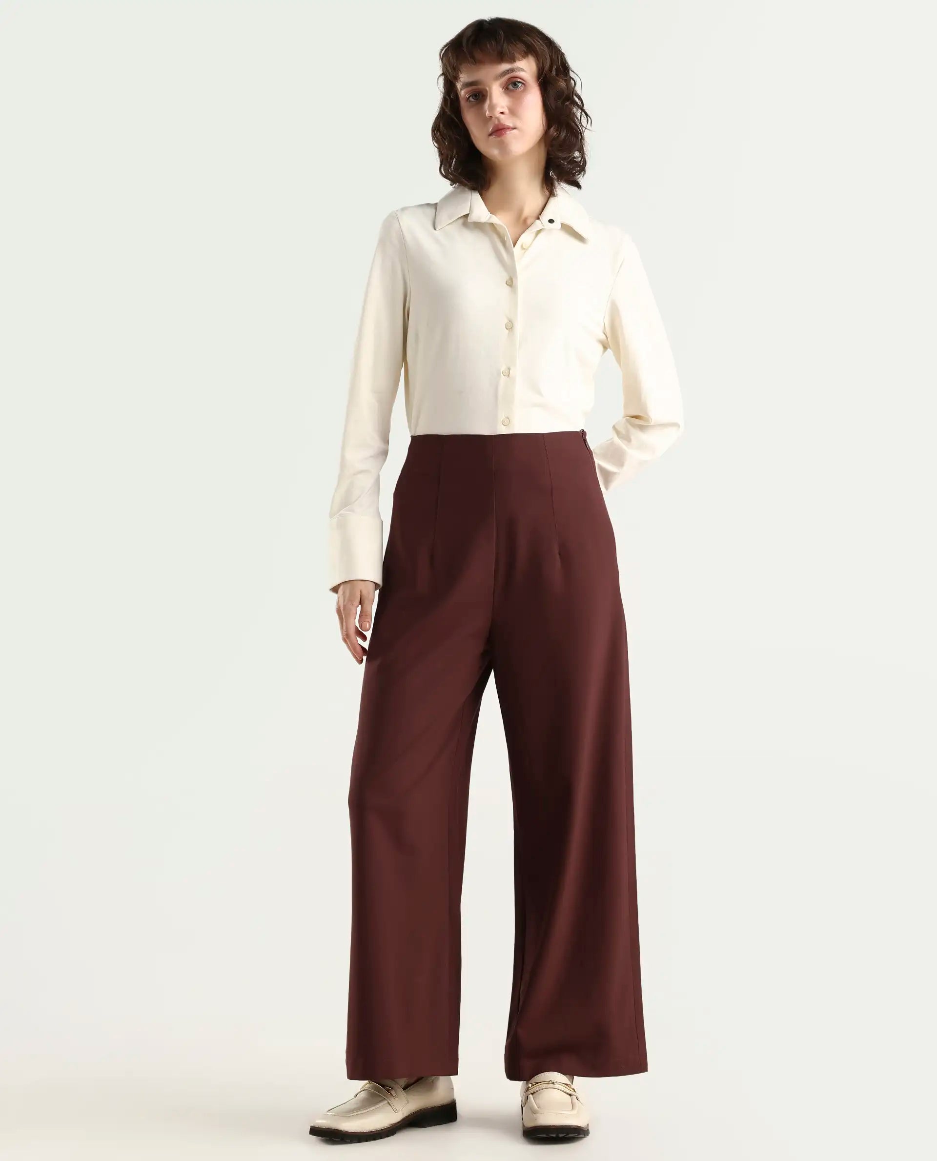 Rareism Women's Noahti Light Rust Cotton Plain Ankle Length Wide Trouser