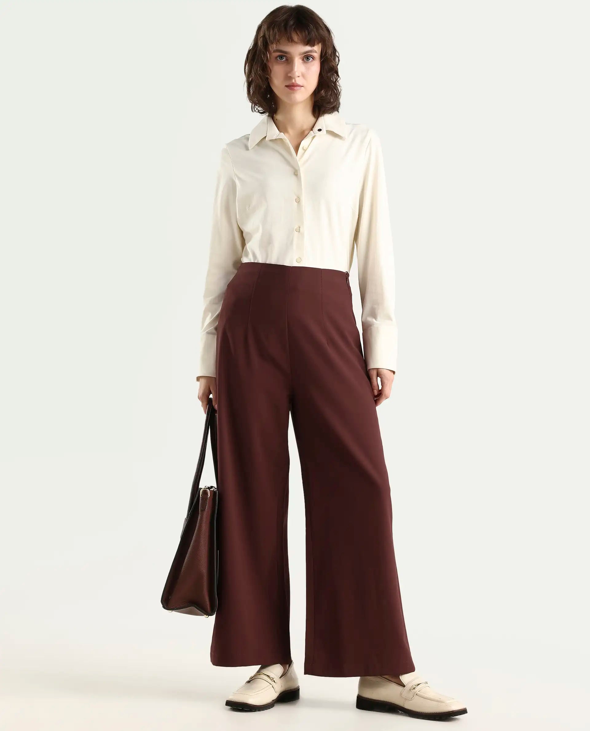 Rareism Women's Noahti Light Rust Cotton Plain Ankle Length Wide Trouser