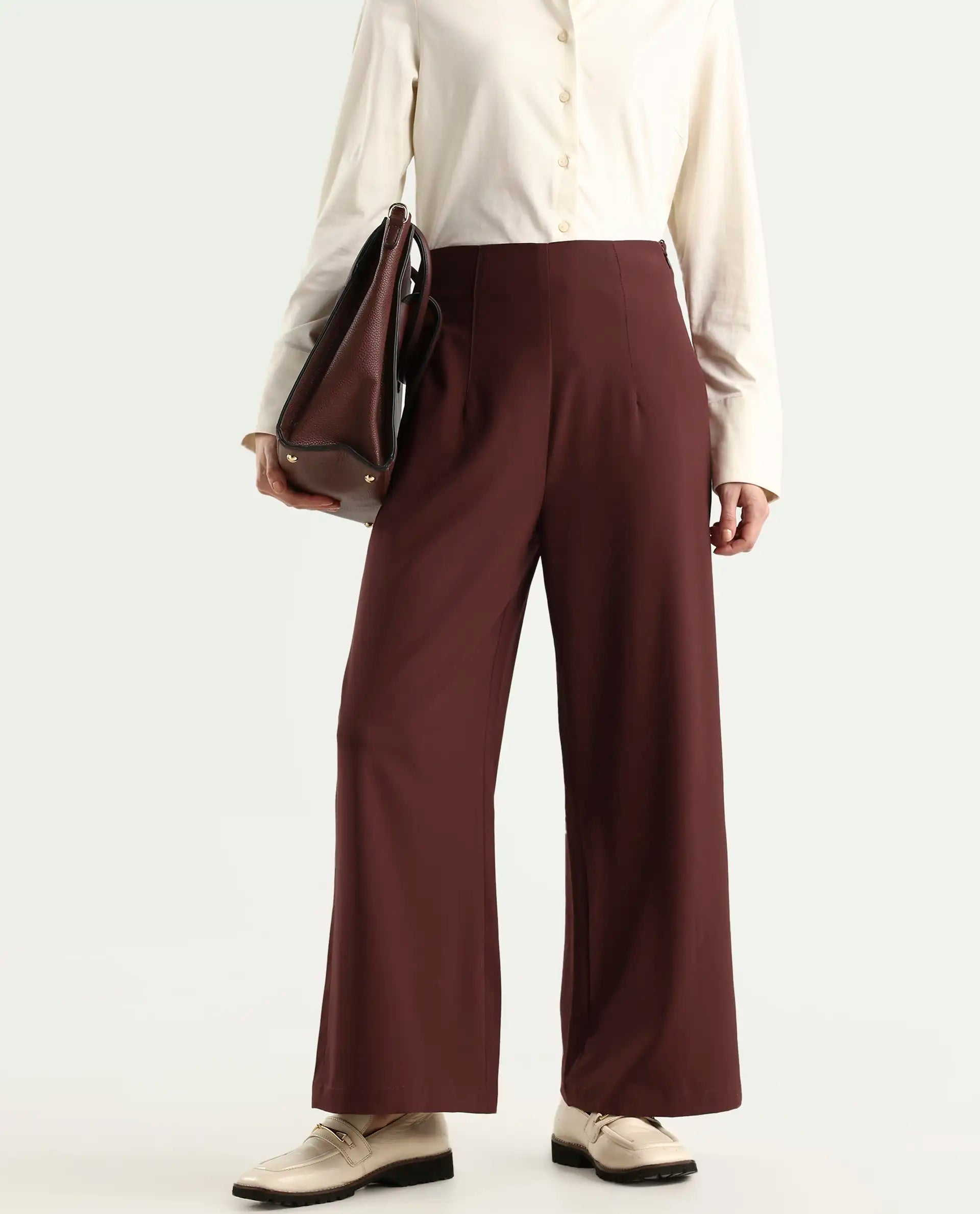 Rareism Women's Noahti Light Rust Cotton Plain Ankle Length Wide Trouser
