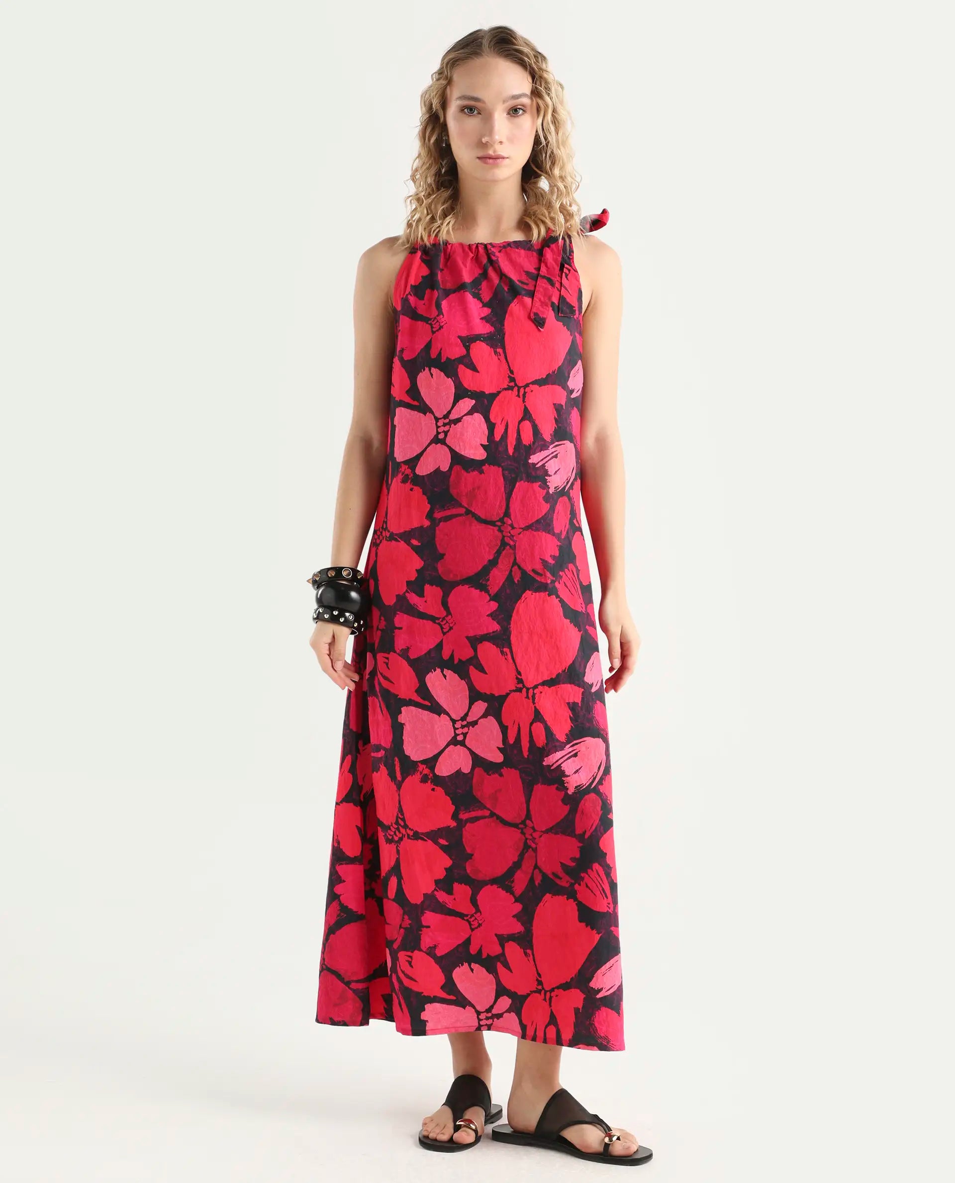 Rareism Women's Olya Multi Nylon Blend Halter Neck Floral Print Sleeveless Maxi A-Line Dress