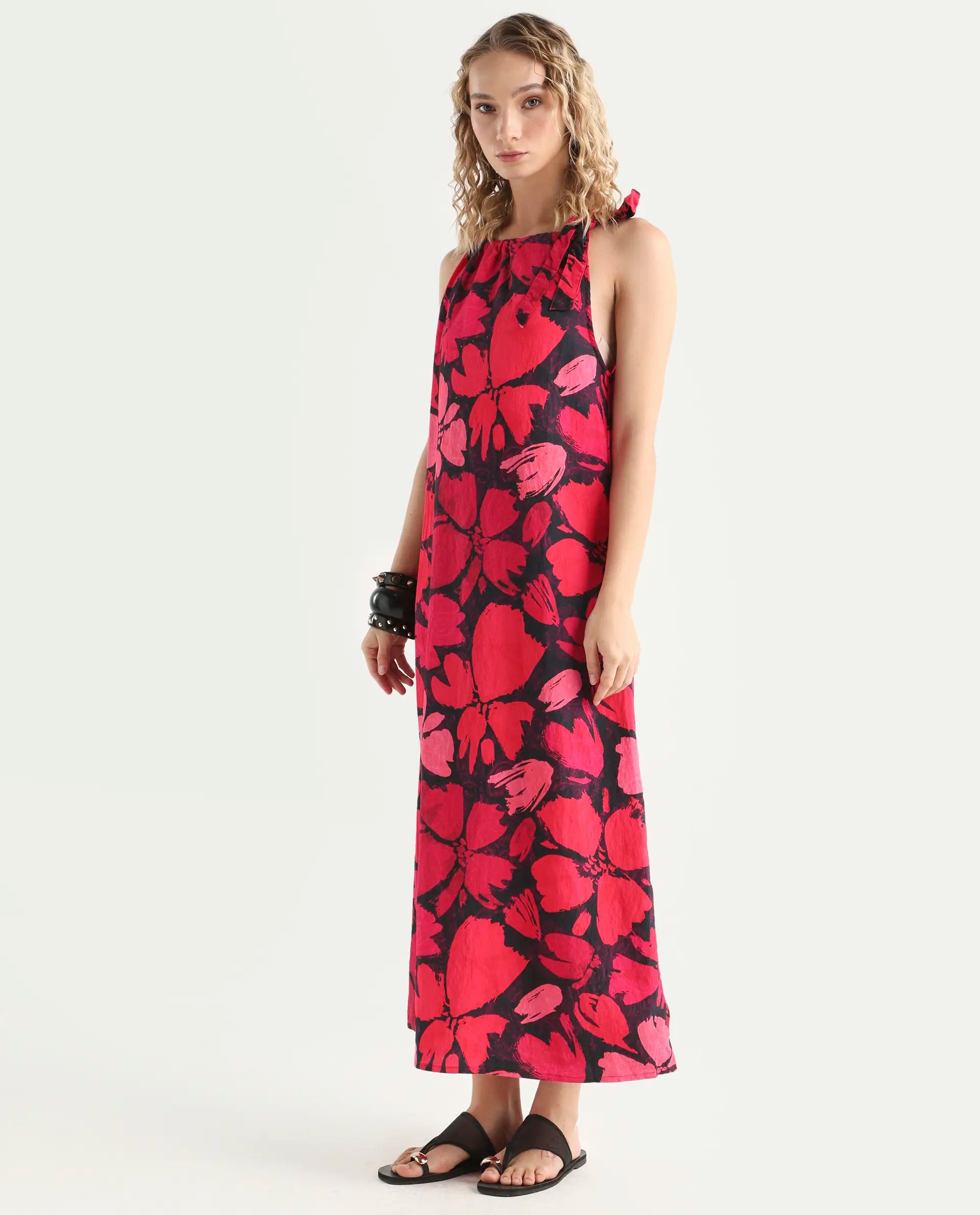 Rareism Women's Olya Multi Rayon Halter Neck Floral Print Sleeveless Maxi A-Line Dress