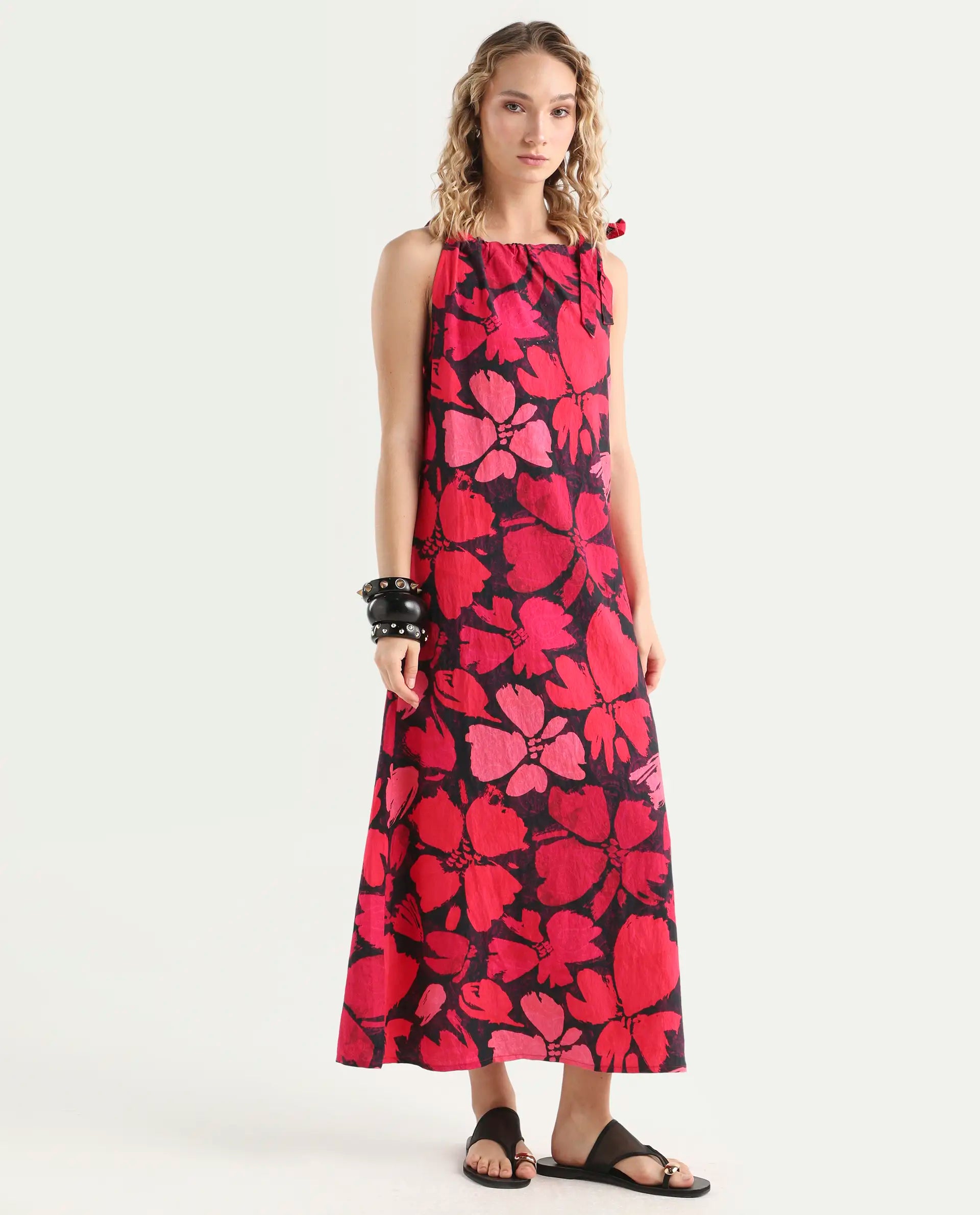 Rareism Women's Olya Multi Nylon Blend Halter Neck Floral Print Sleeveless Maxi A-Line Dress