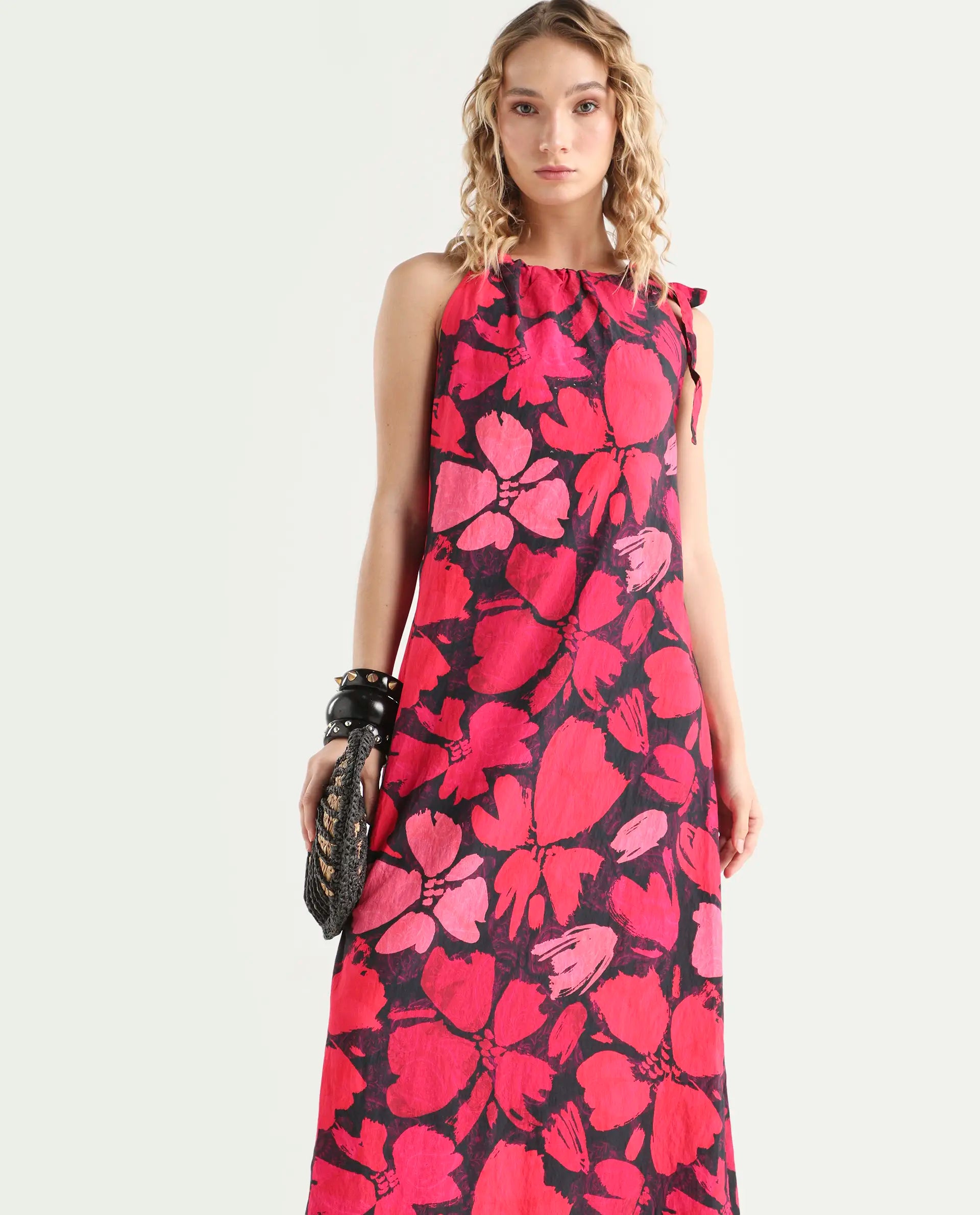 Rareism Women's Olya Multi Rayon Halter Neck Floral Print Sleeveless Maxi A-Line Dress