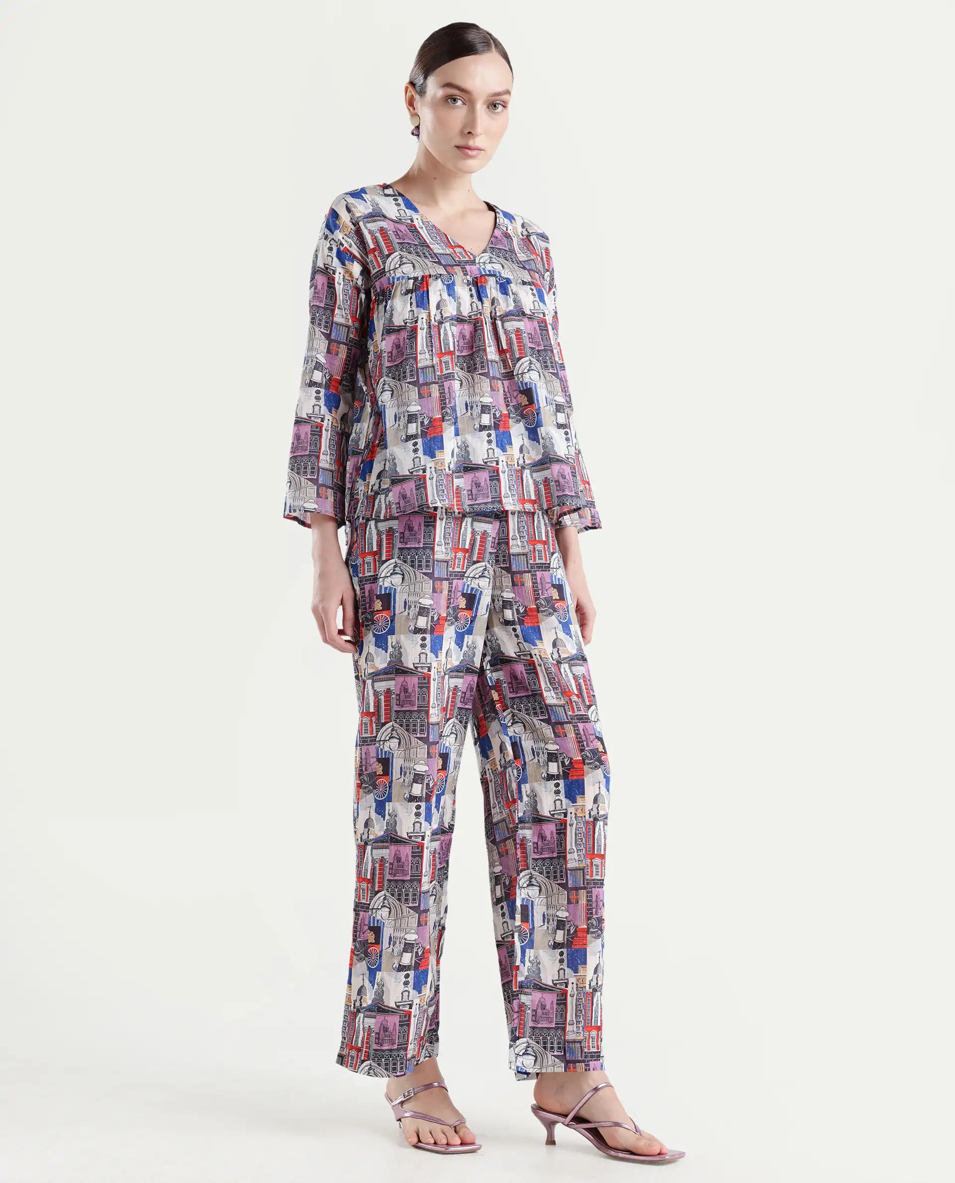 Rareism Women's Rinata-B Multi Cotton Abstract Print Ankle Length Straight Fit Trouser