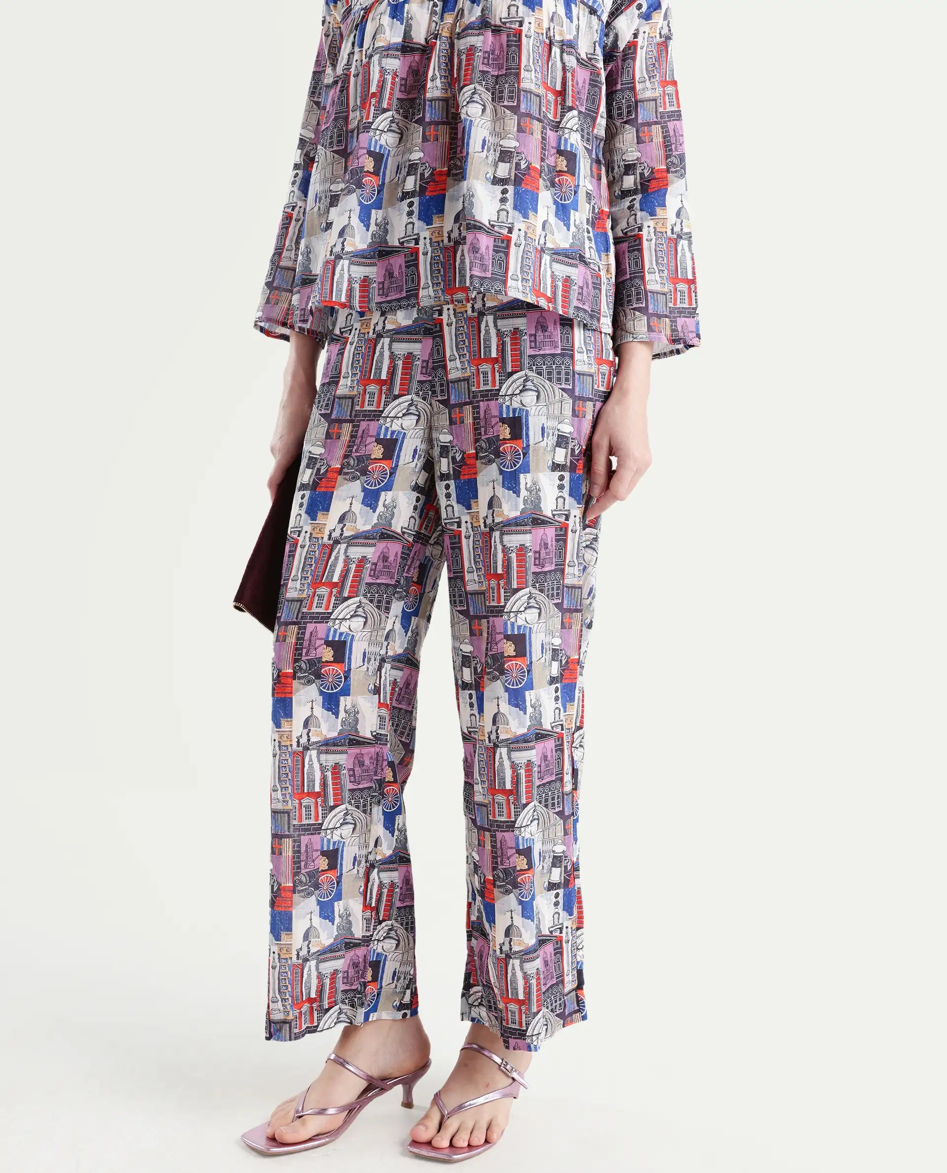 Rareism Women's Rinata-B Multi Cotton Abstract Print Ankle Length Straight Fit Trouser