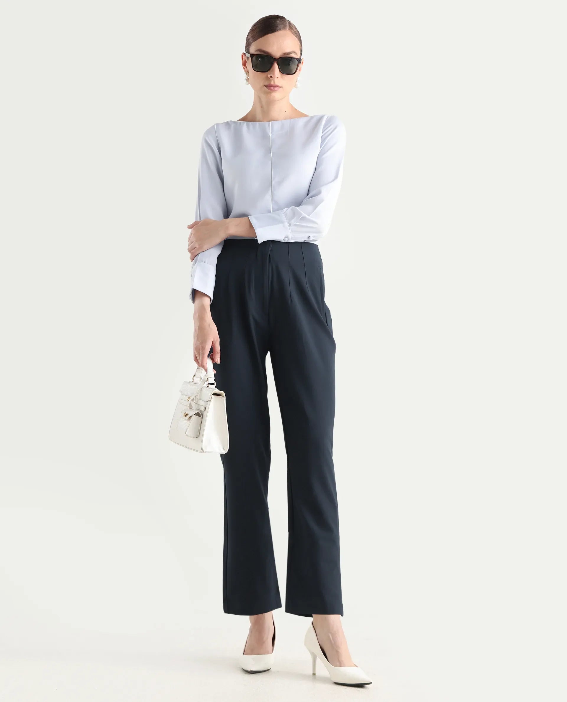Rareism Women's Thompson Navy Cotton Plain Ankle Length Tapered Trouser