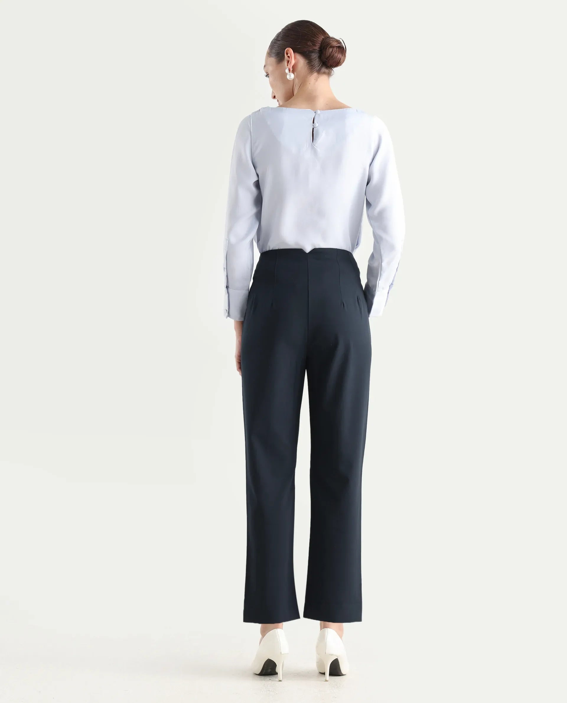 Rareism Women's Thompson Navy Cotton Plain Ankle Length Tapered Trouser