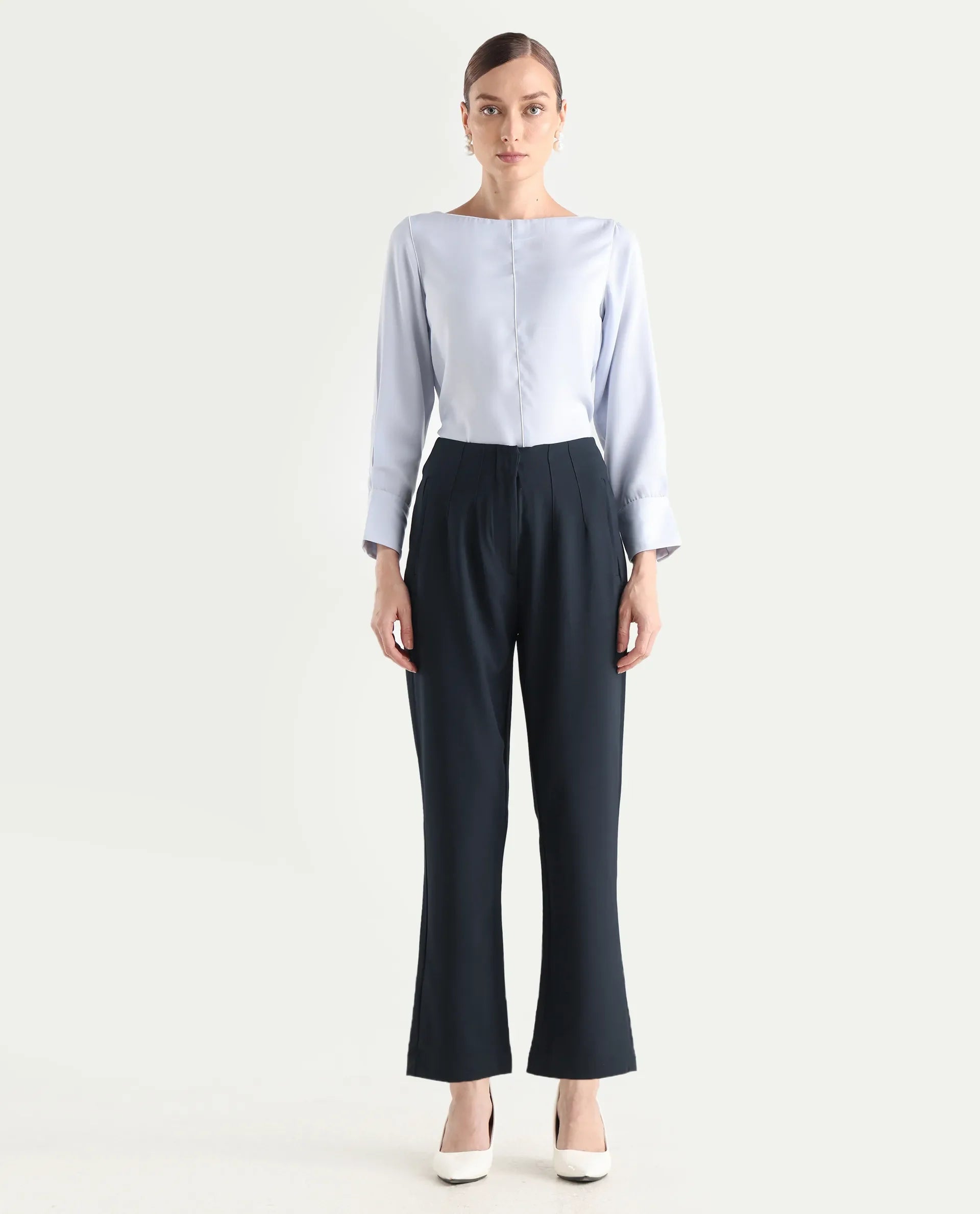 Rareism Women's Thompson Navy Cotton Plain Ankle Length Tapered Trouser