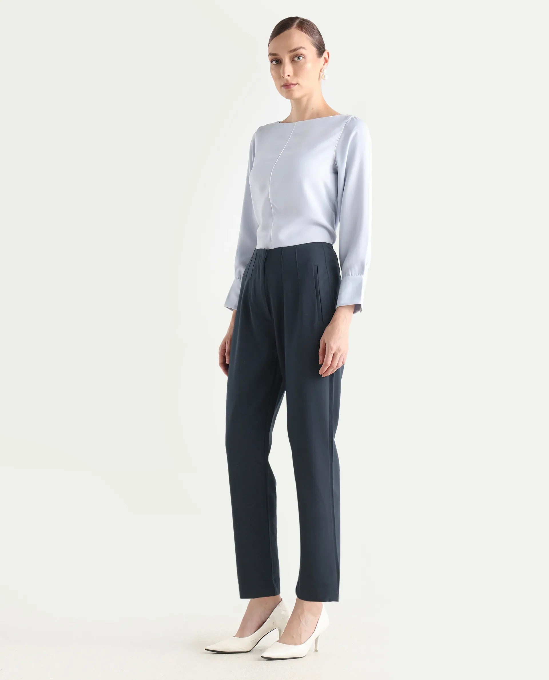 Rareism Women's Thompson Navy Cotton Plain Ankle Length Tapered Trouser
