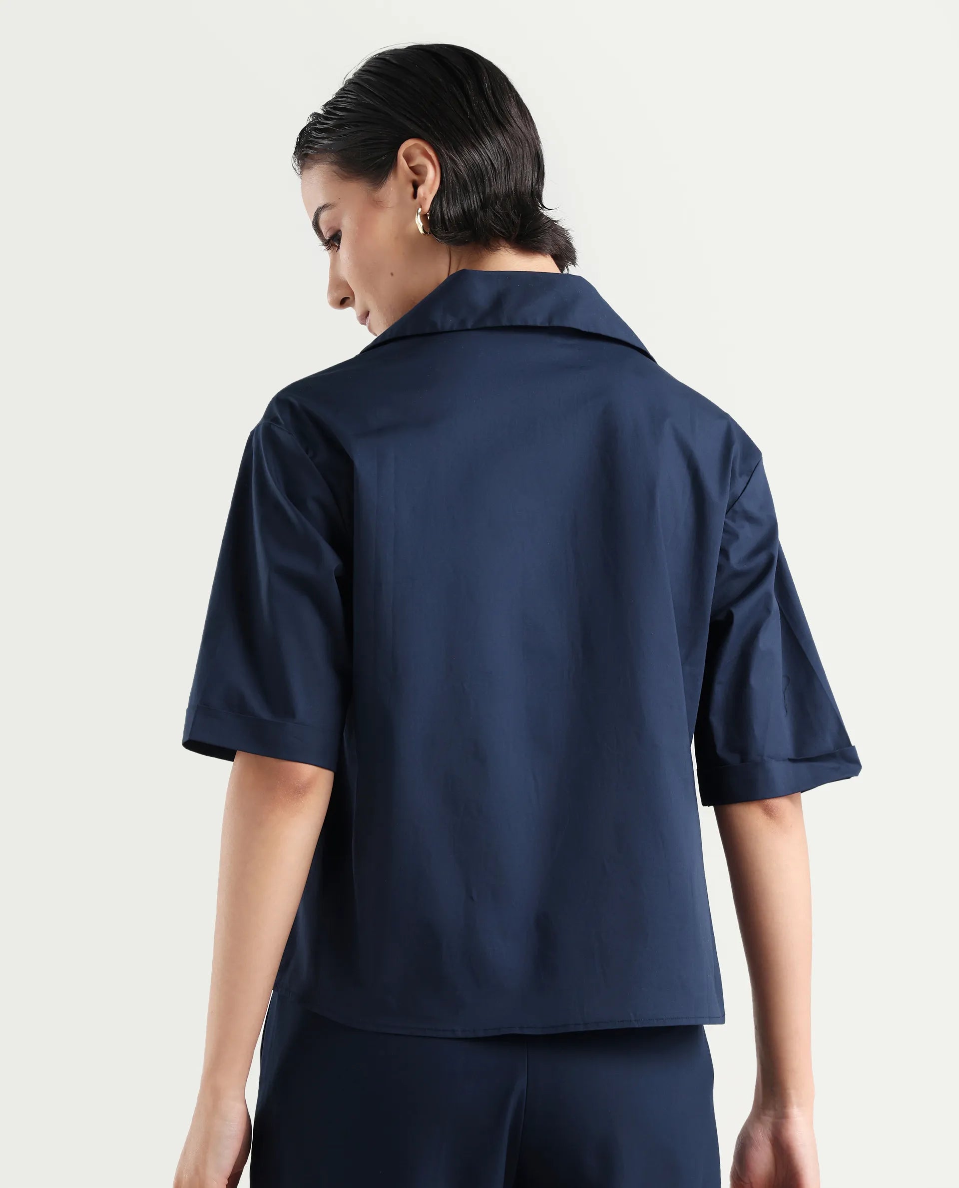 Rareism Women's Toefil Dark Navy Cotton Spread Collar Plain Regular Fit Shirt