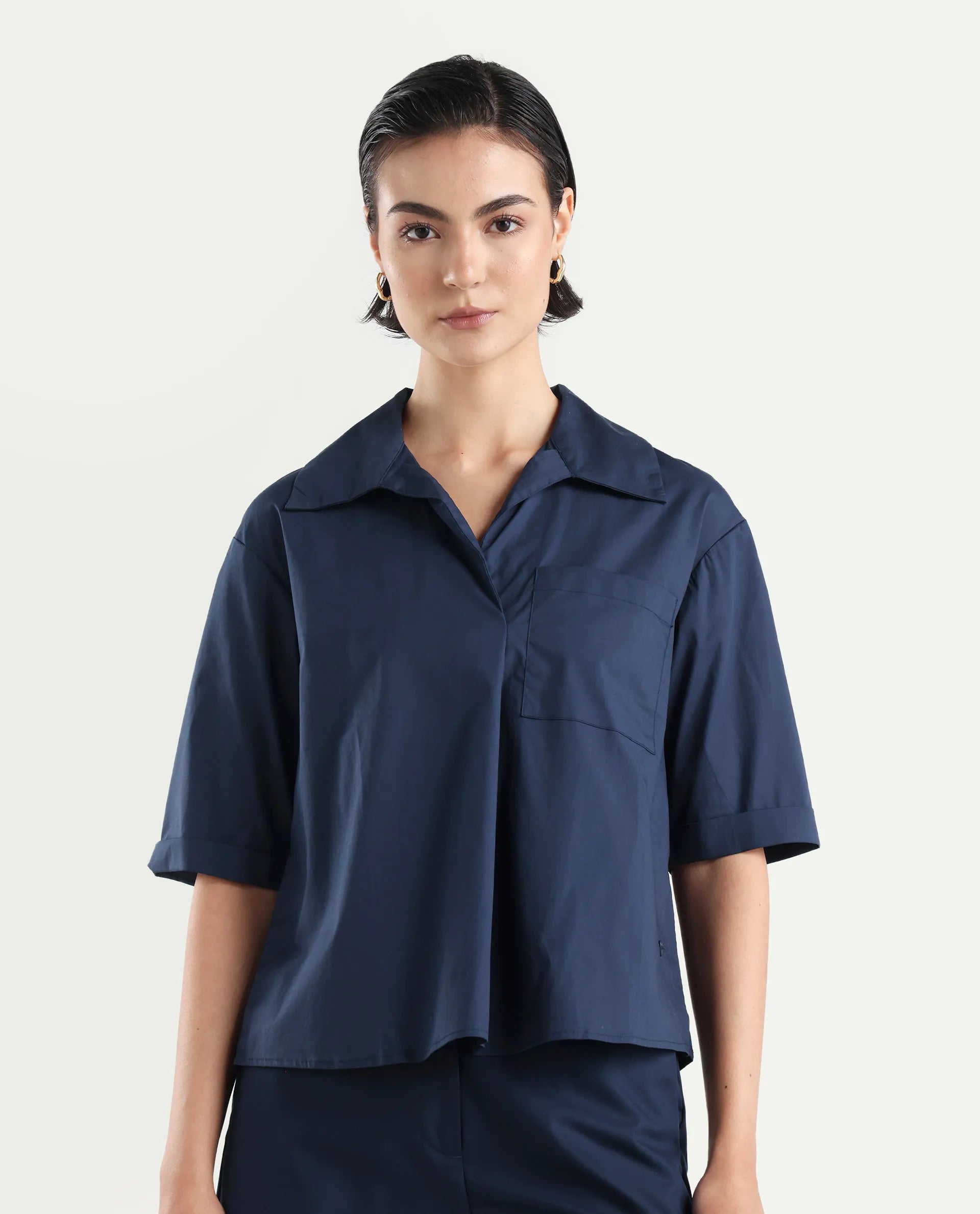 Rareism Women's Toefil Dark Navy Cotton Spread Collar Plain Regular Fit Shirt