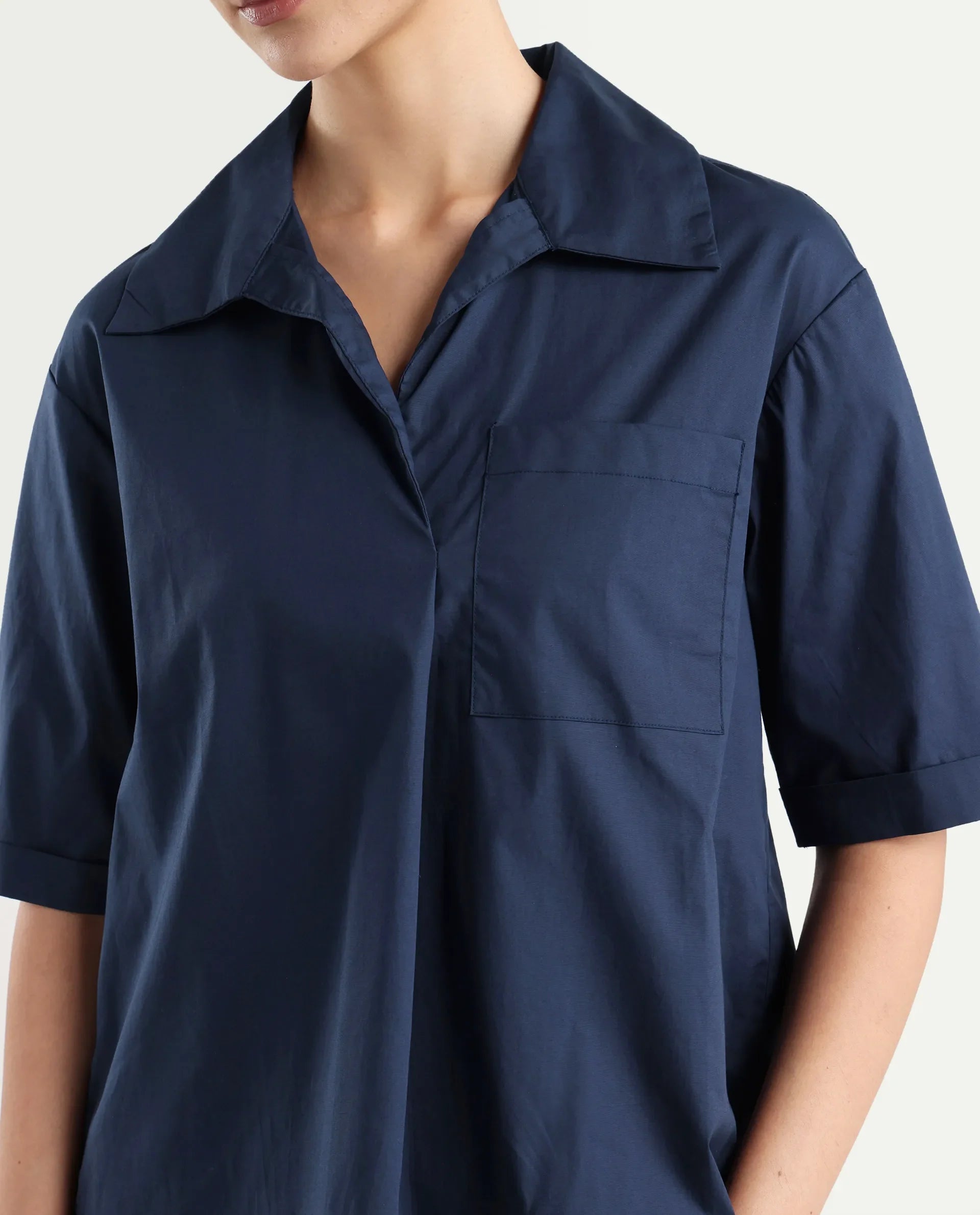 Rareism Women's Toefil Dark Navy Cotton Spread Collar Plain Regular Fit Shirt