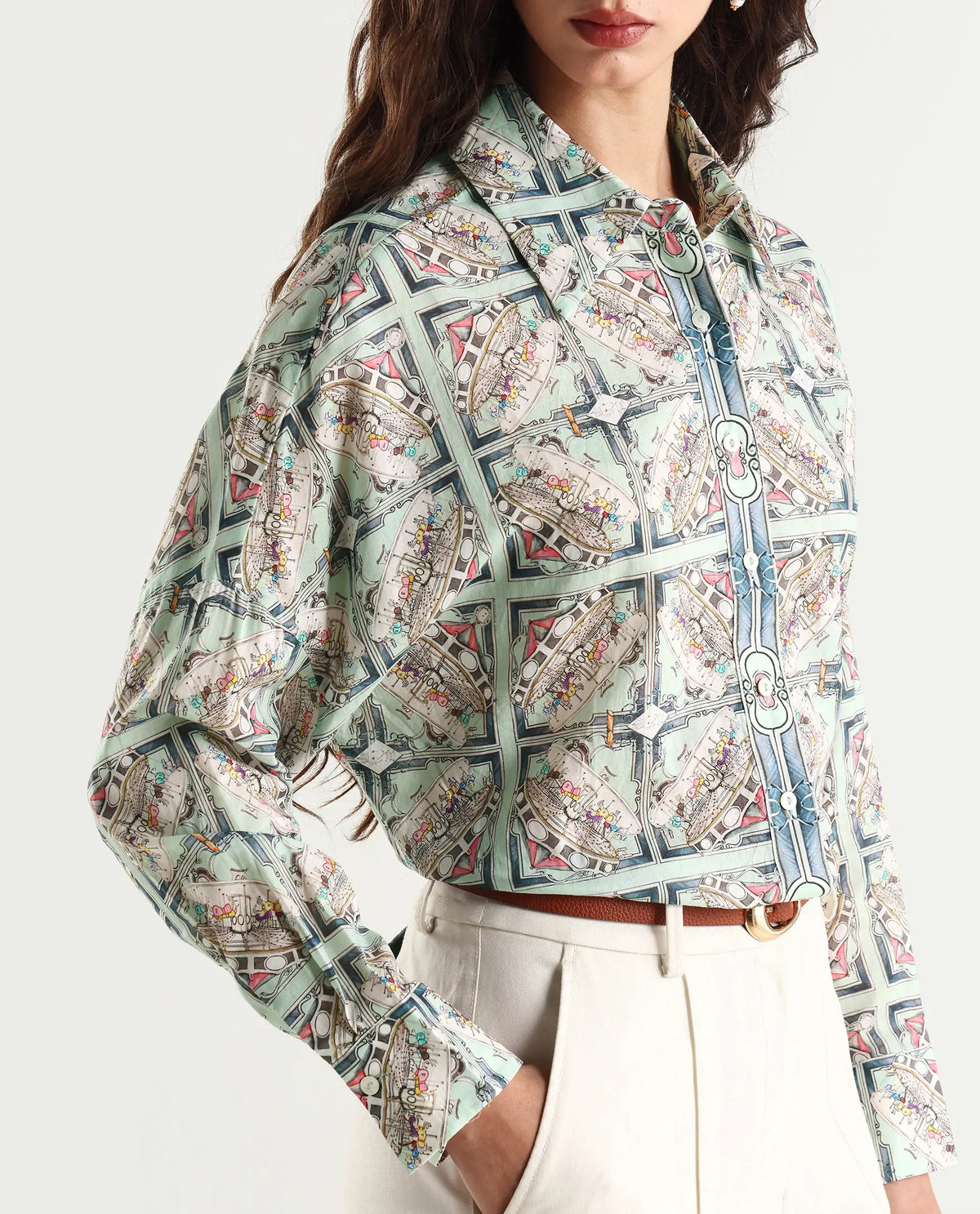 Rareism Women's Westwick Pastel Green Cotton Drop Collar Abstract Print Cuffed Sleeve Relaxed Fit Top