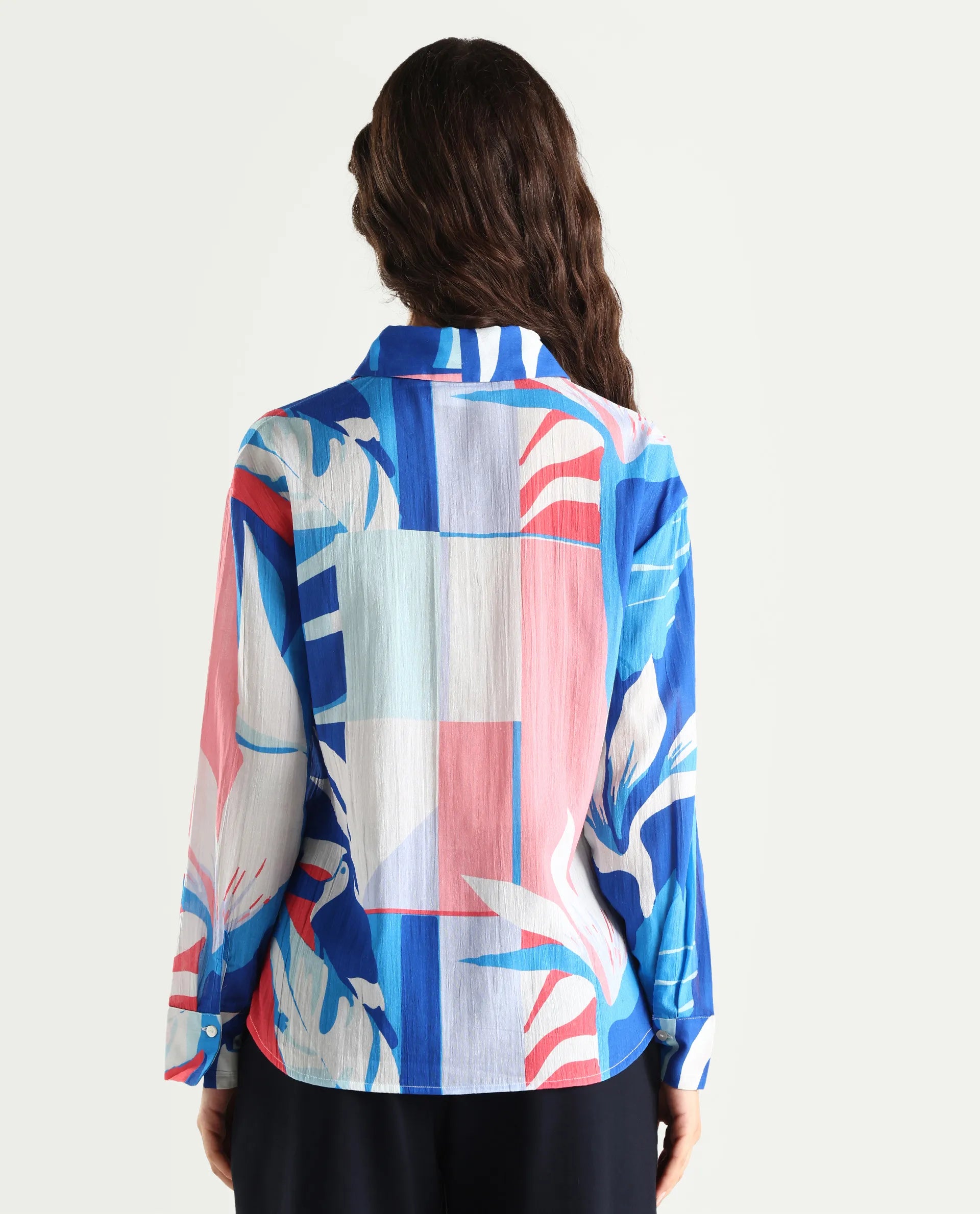 Rareism Women's Apetit White Cotton Drop Collar Abstract Print Cuffed Sleeve Regular Fit Top