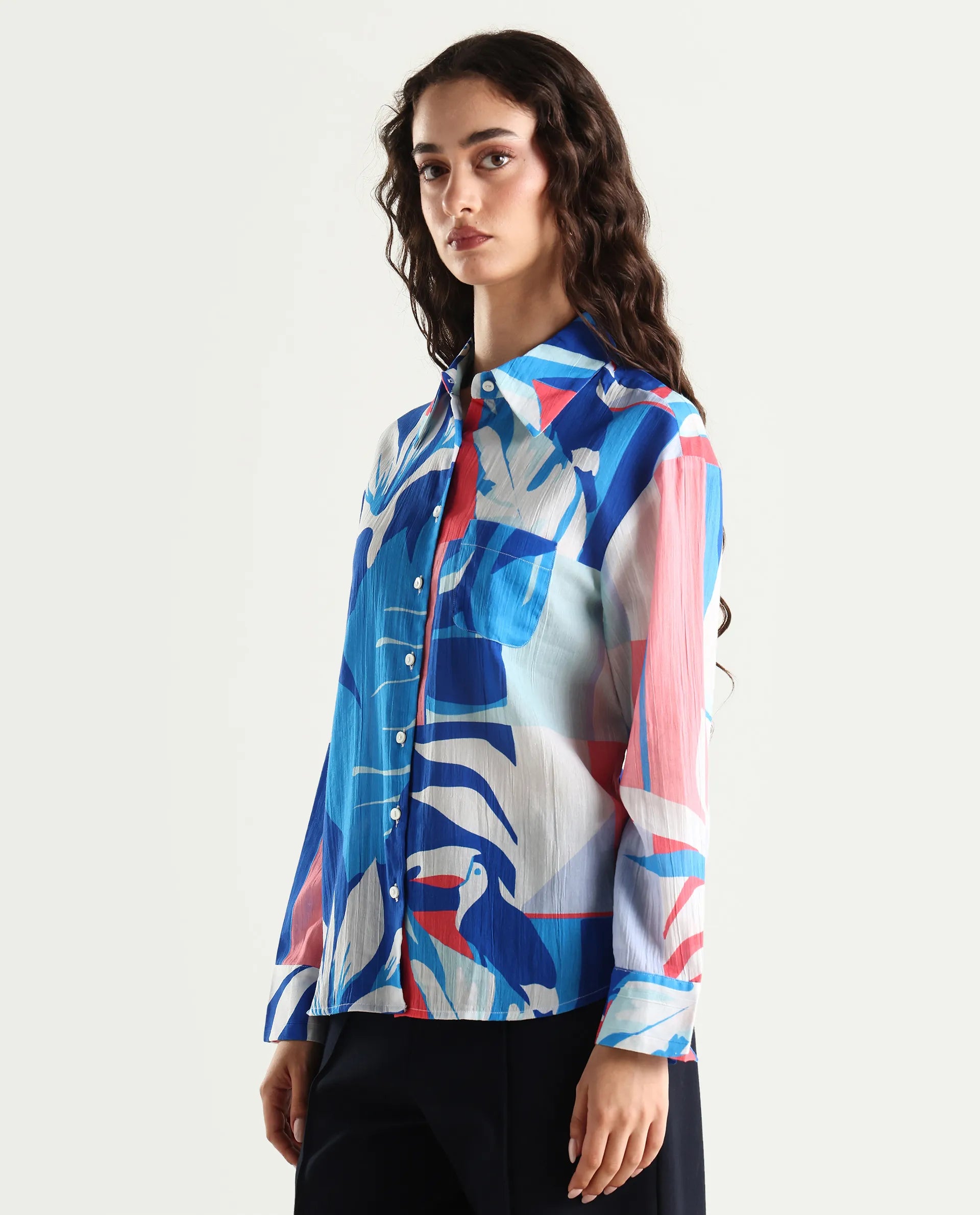 Rareism Women's Apetit White Cotton Drop Collar Abstract Print Cuffed Sleeve Regular Fit Top