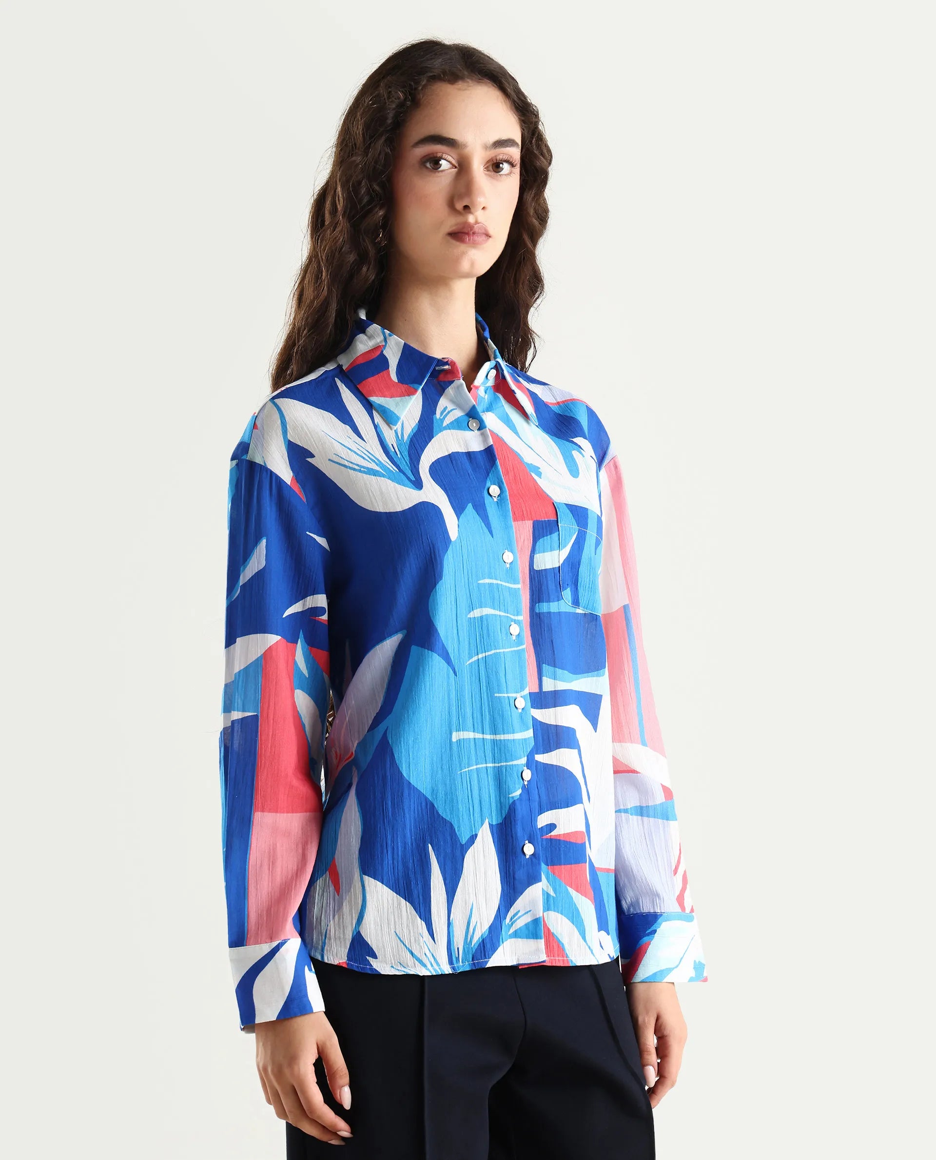Rareism Women's Apetit White Cotton Drop Collar Abstract Print Cuffed Sleeve Regular Fit Top