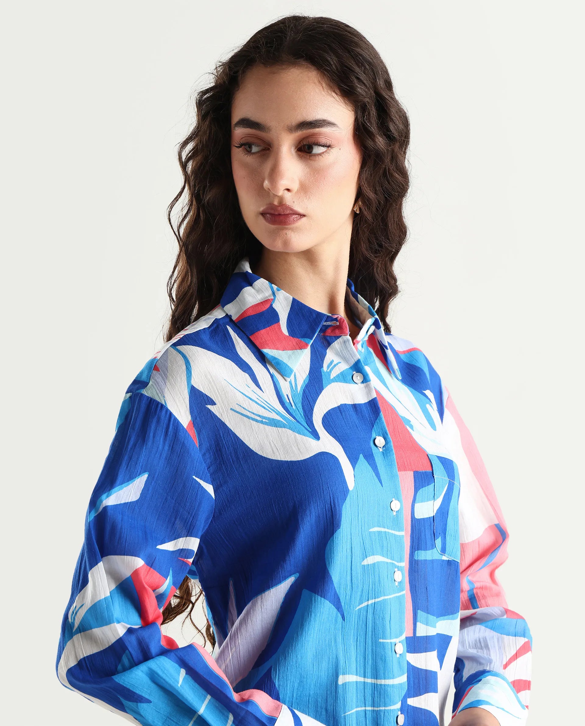 Rareism Women's Apetit White Cotton Drop Collar Abstract Print Cuffed Sleeve Regular Fit Top