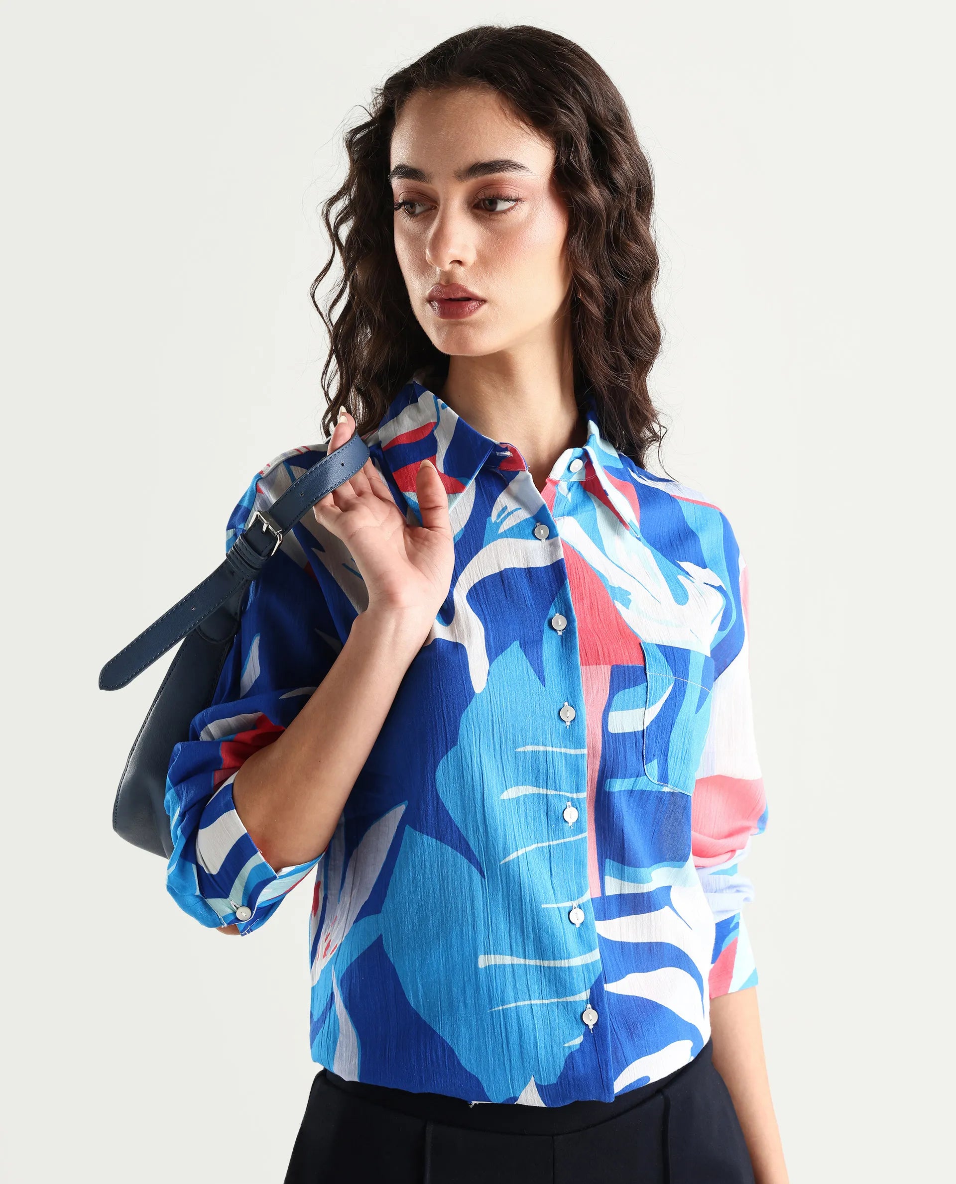 Rareism Women's Apetit White Cotton Drop Collar Abstract Print Cuffed Sleeve Regular Fit Top