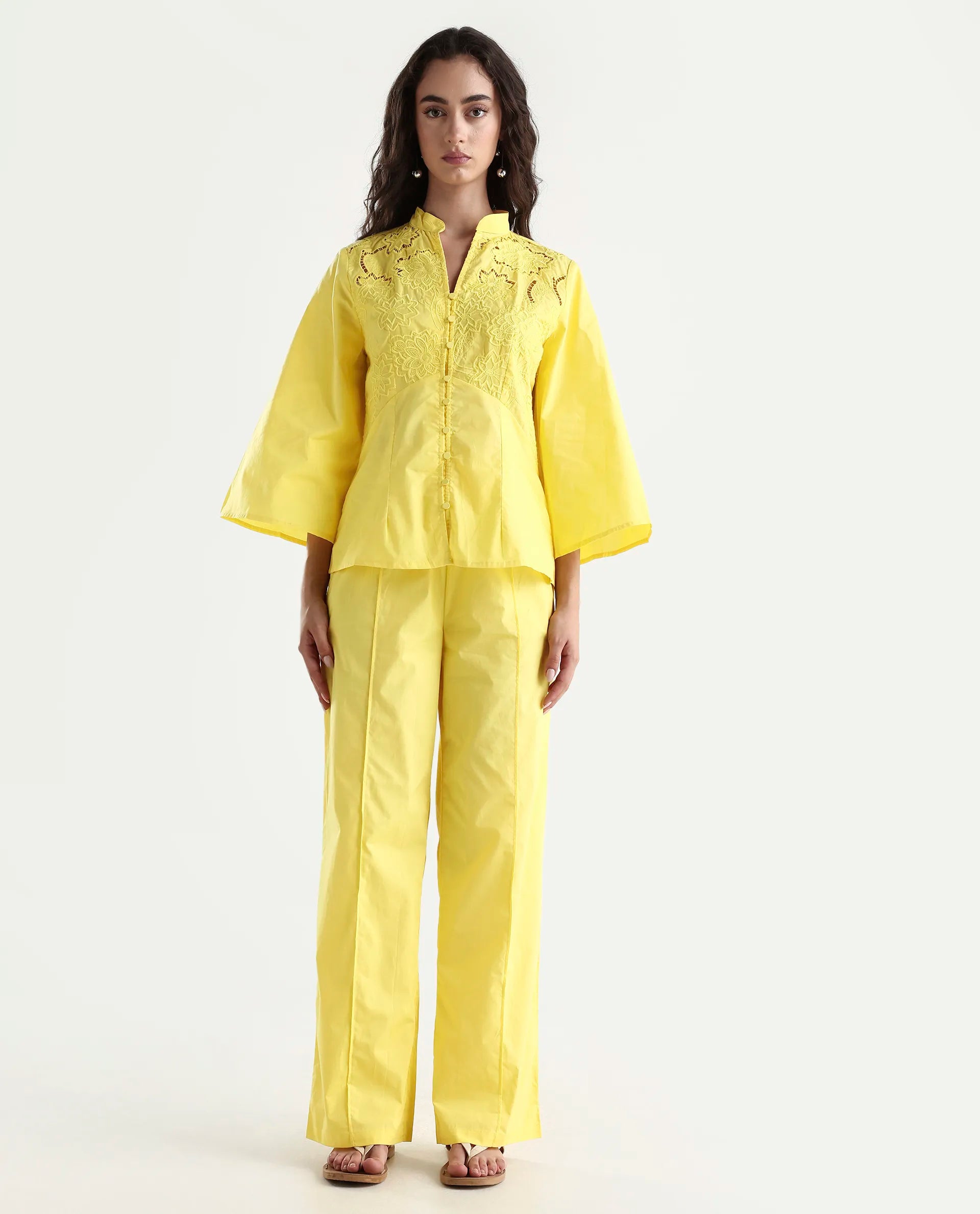 Rareism Women's Badgle-B Pastel Yellow Cotton Plain Ankle Length Straight Fit Trouser