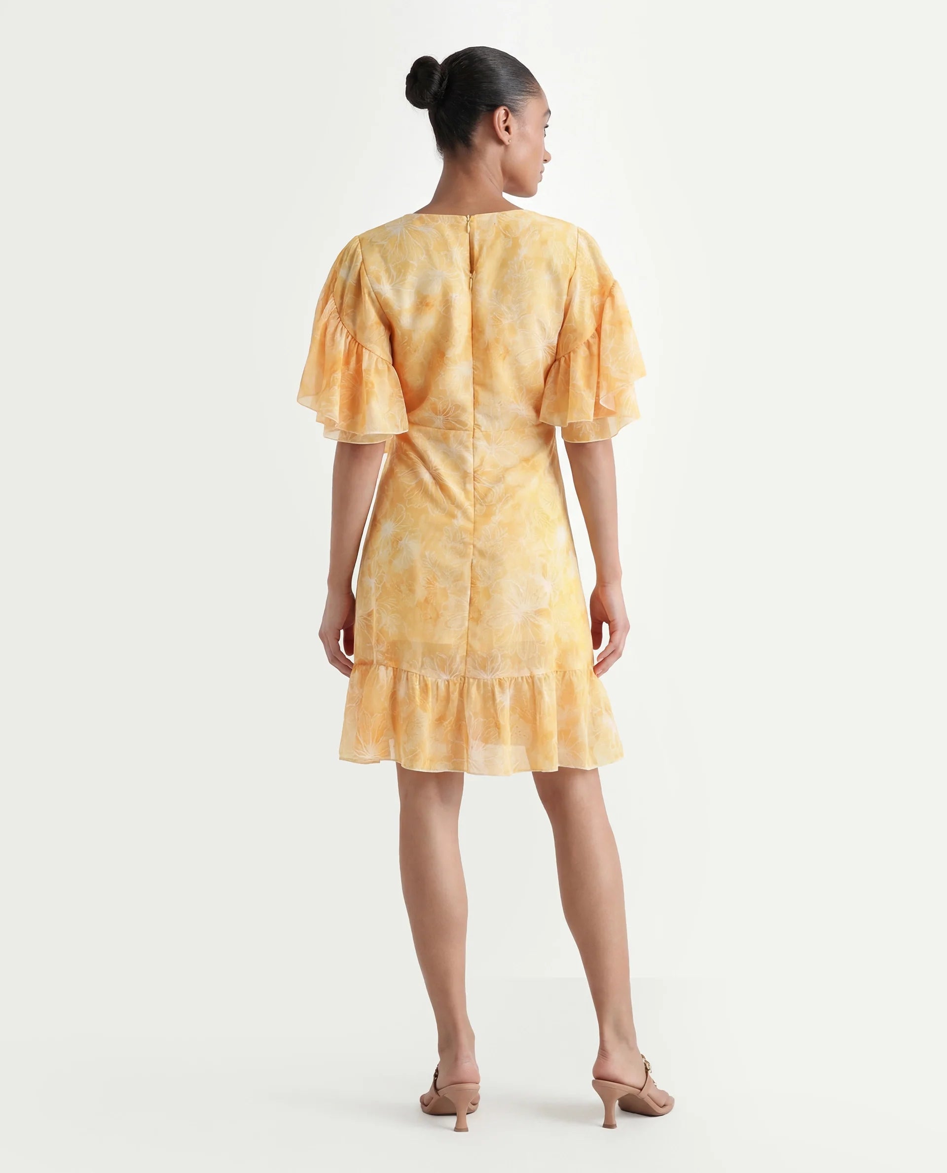 Rareism Women's Buckley Yellow Polyester Overlap Neck Floral Print Raglan Sleeve Knee Length Fit And Flare Dress