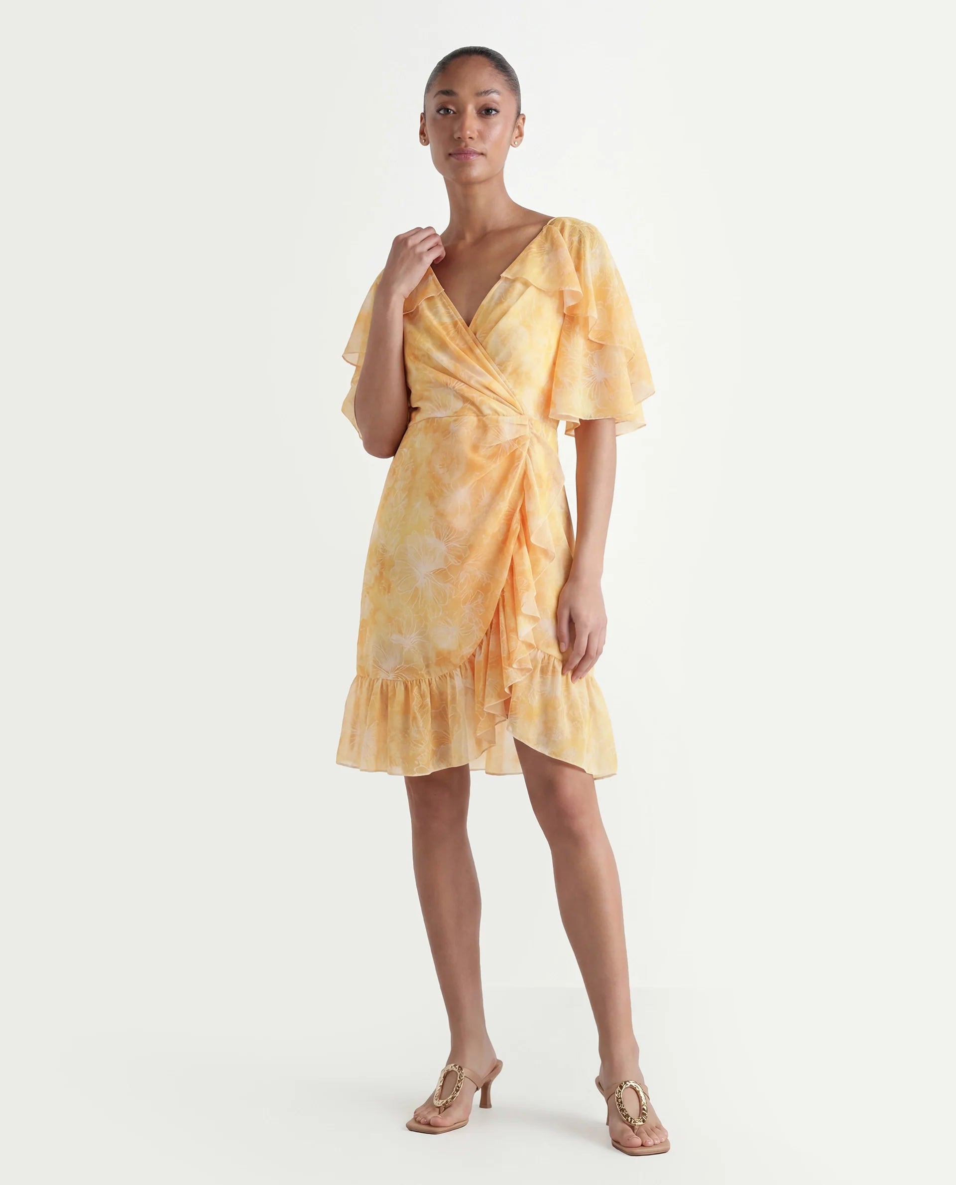Rareism Women's Buckley Yellow Polyester Overlap Neck Floral Print Raglan Sleeve Knee Length Fit And Flare Dress