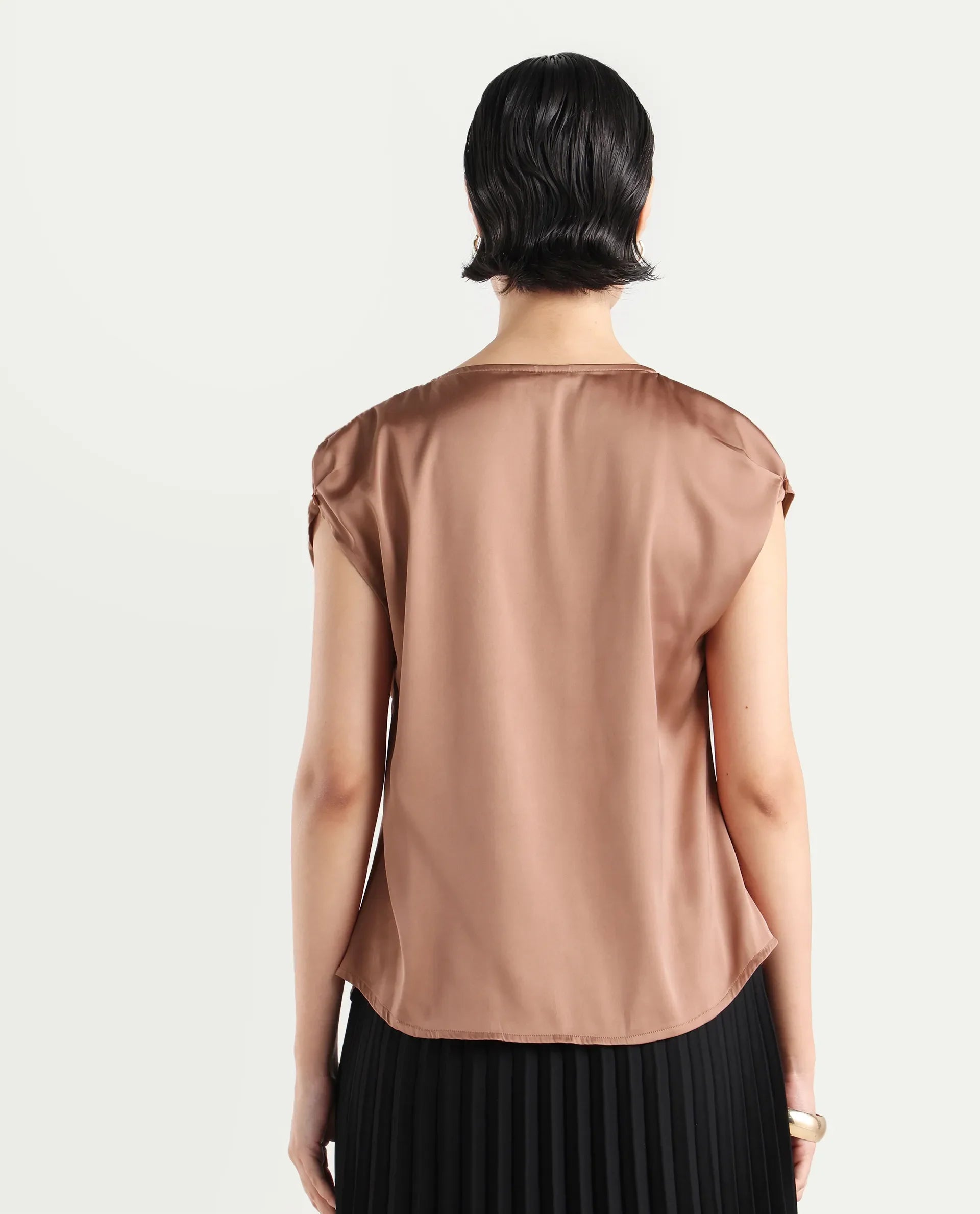 Rareism Women's Hawter Brown Polyester Cowl Neck Plain Cap Sleeve Regular Fit Top