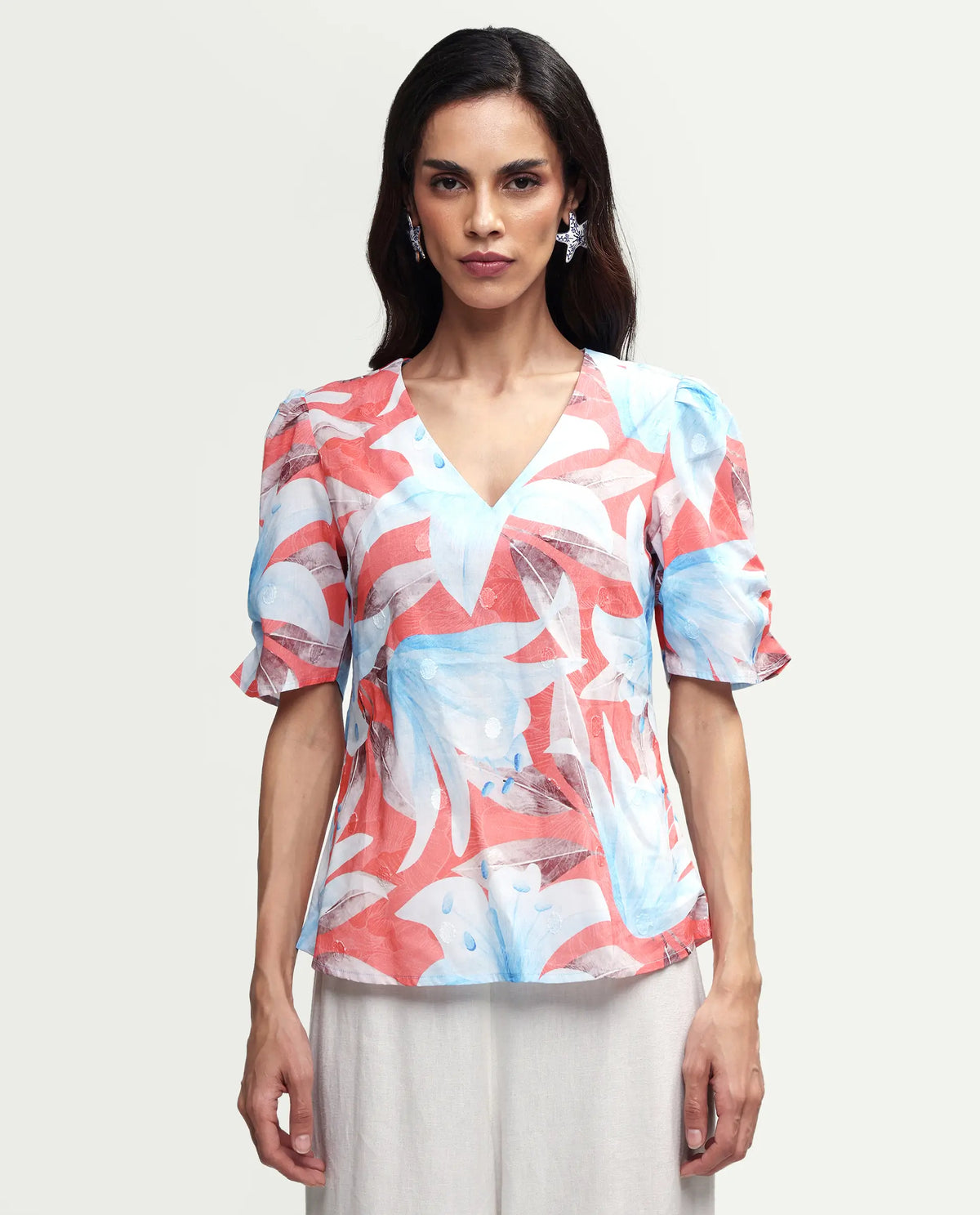 Rareism Women's Housto-T Pink Cotton V-Neck Floral Print Puff Sleeves Regular Fit Top
