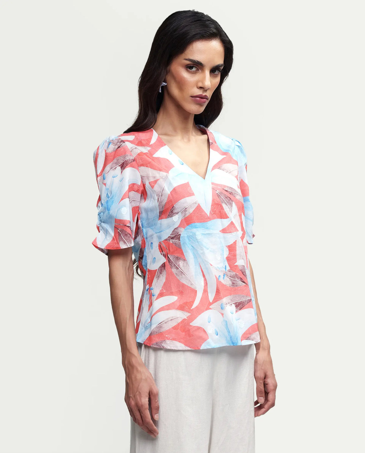 Rareism Women's Housto-T Pink Cotton V-Neck Floral Print Puff Sleeves Regular Fit Top