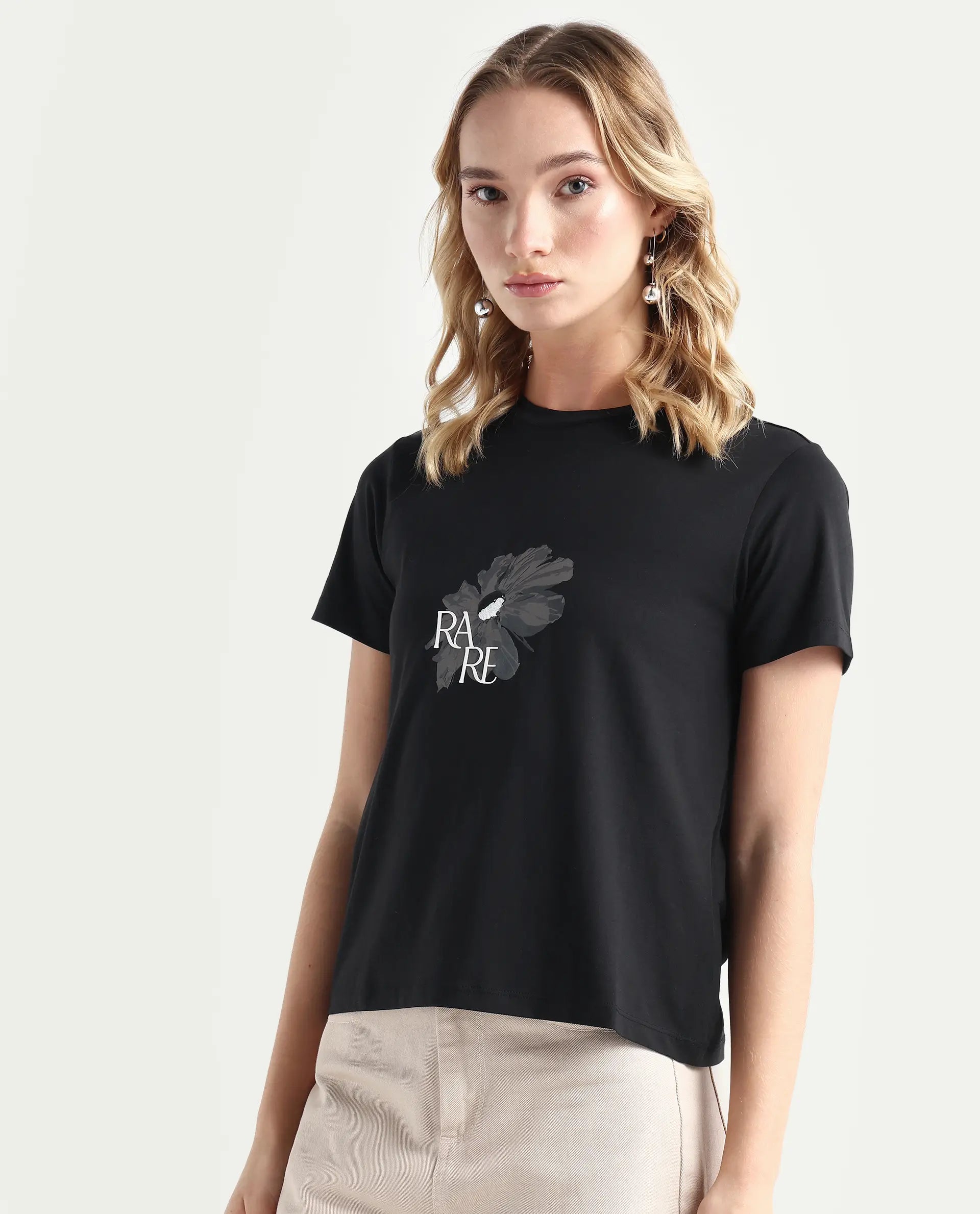 Rareism Women's Fringe Black Cotton Blend Crew Neck Graphic Print Regular Fit T-Shirt