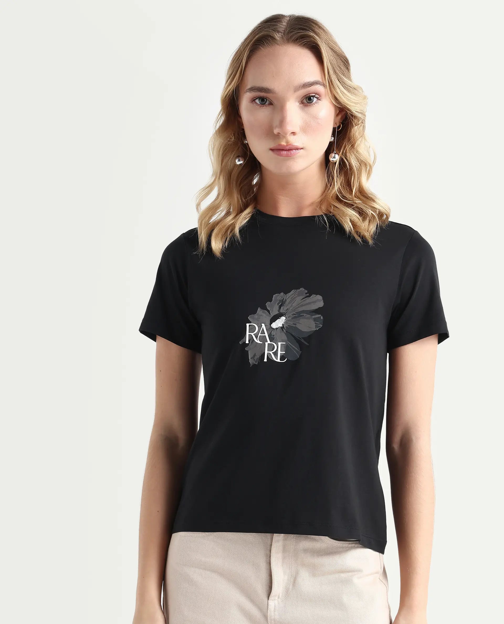 Rareism Women's Fringe Black Cotton Blend Crew Neck Graphic Print Regular Fit T-Shirt