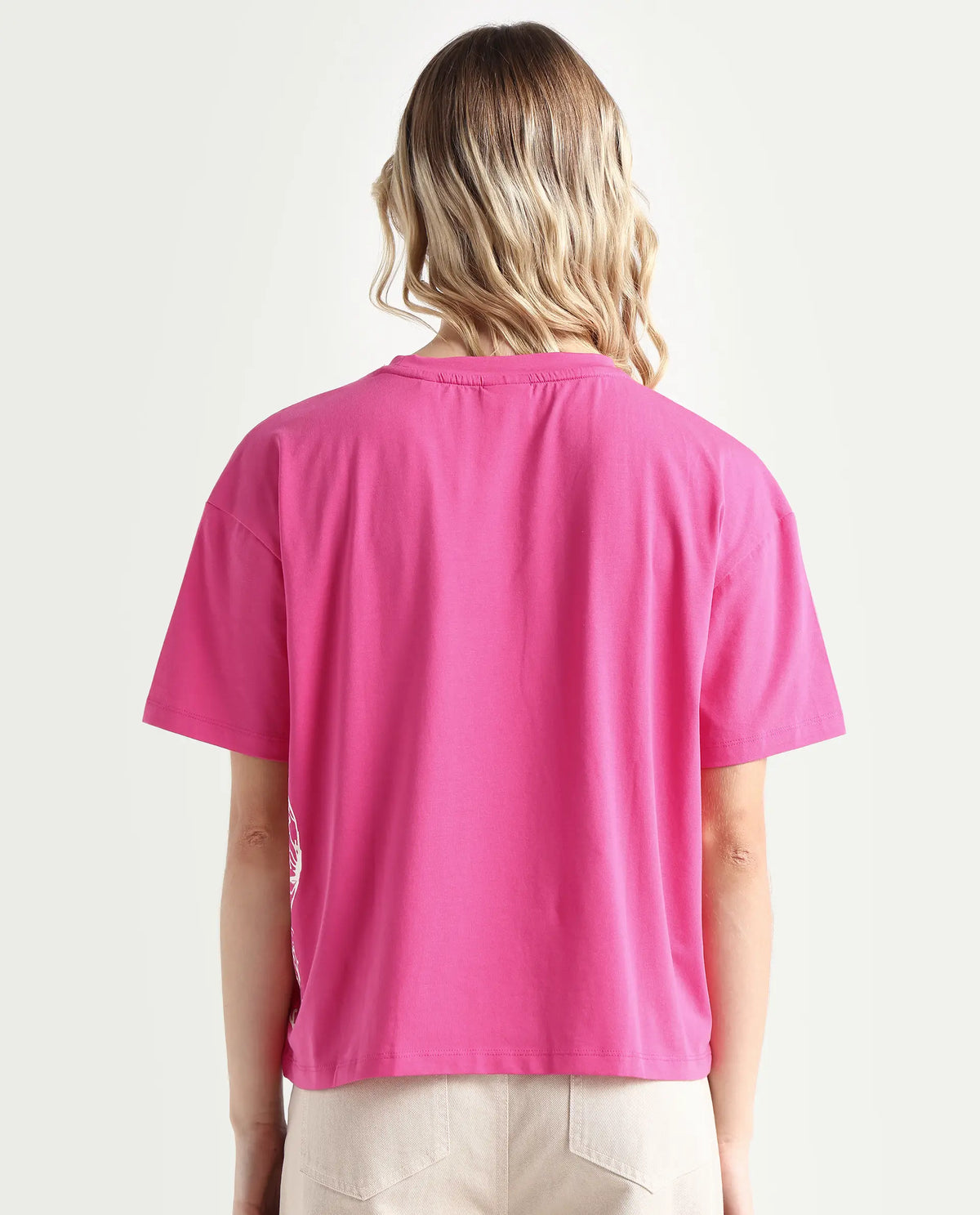 Rareism Women's Grando Flouroscent Pink Cotton Blend Crew Neck Graphic Print Boxy Fit T-Shirt