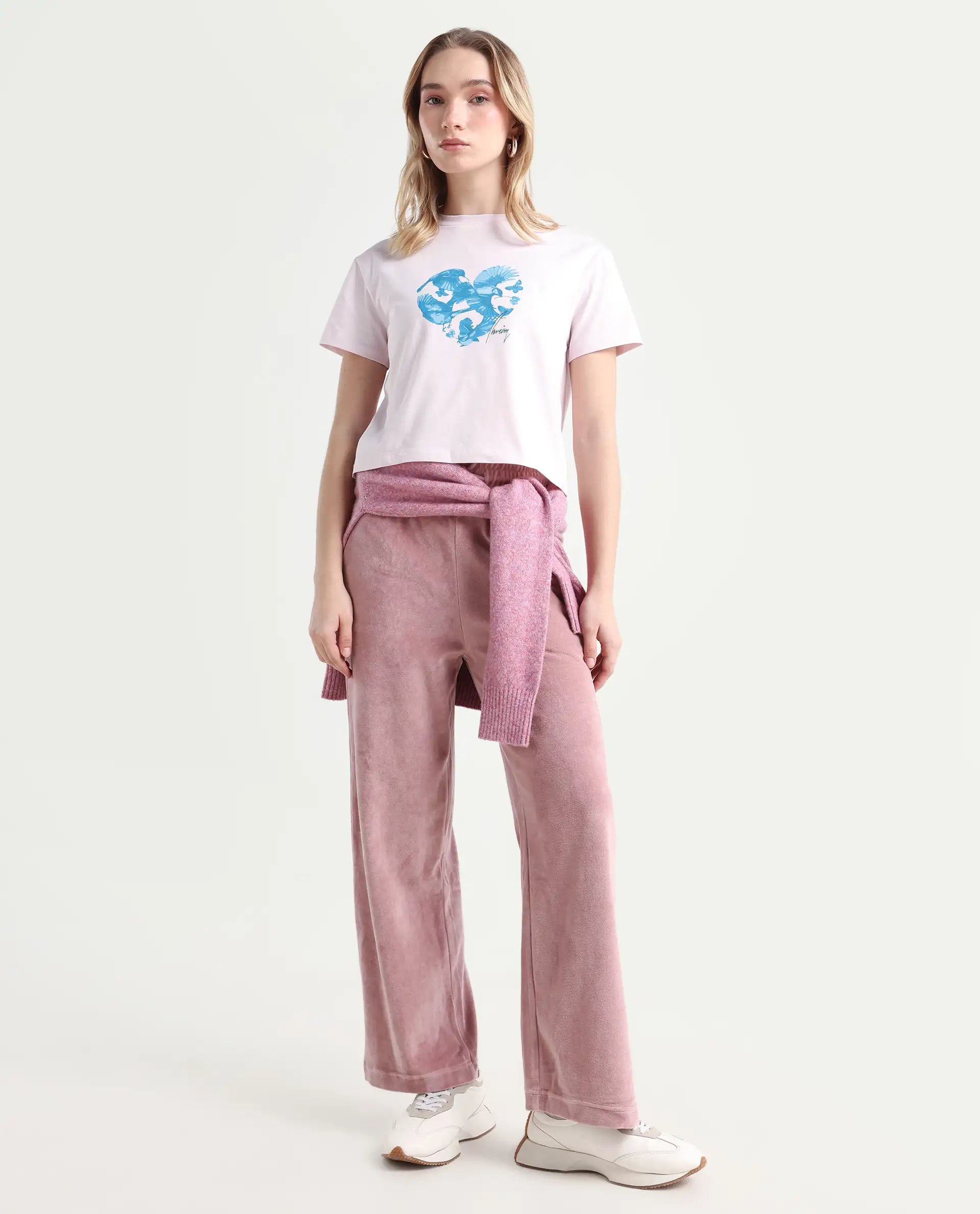 Rareism Women's Sydent Pastel Pink Cotton Blend Crew Neck Graphic Print Crop Regular Fit T-Shirt