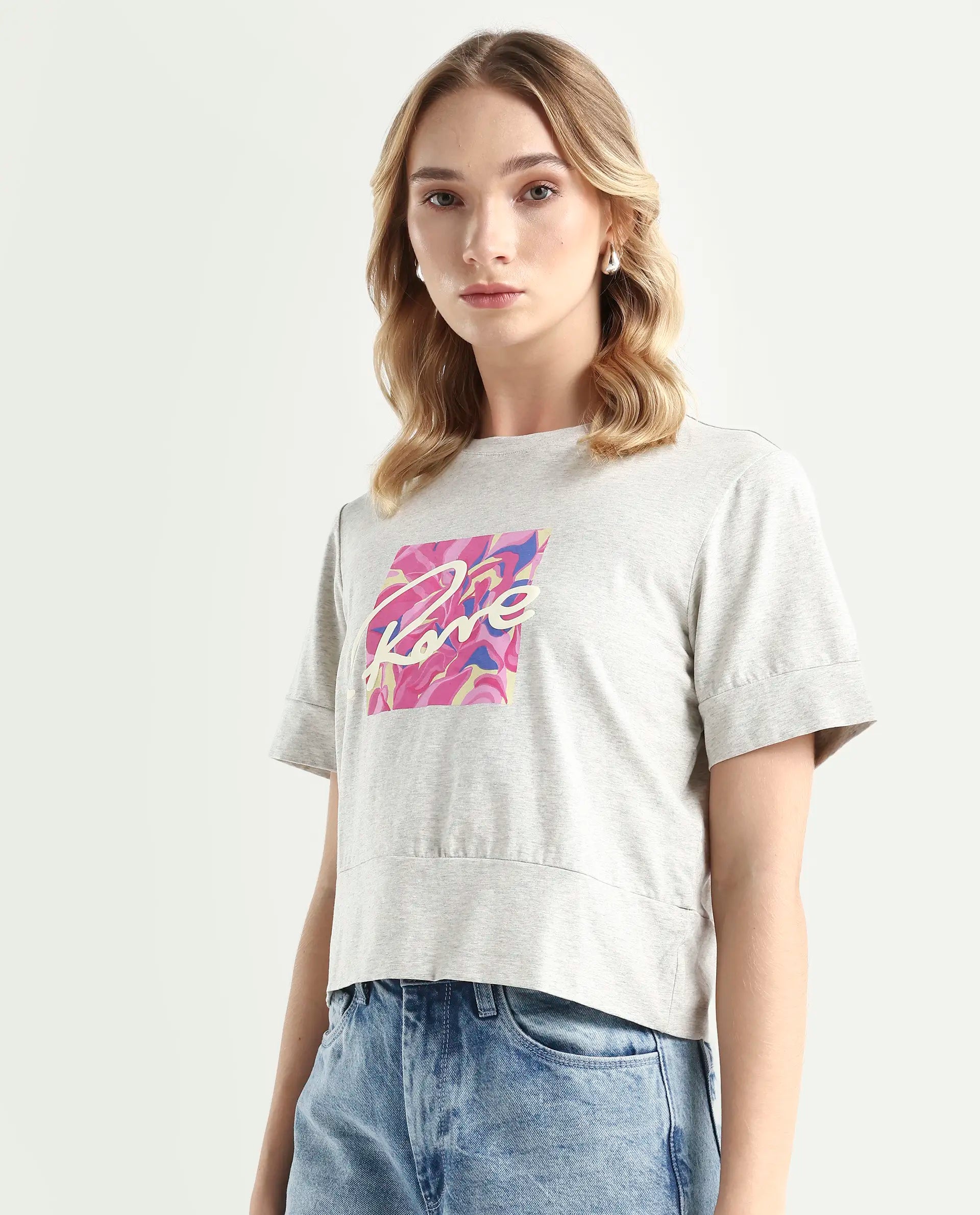 Rareism Women's Sandre Melange Grey Cotton Blend Crew Neck Graphic Print Regular Fit T-Shirt